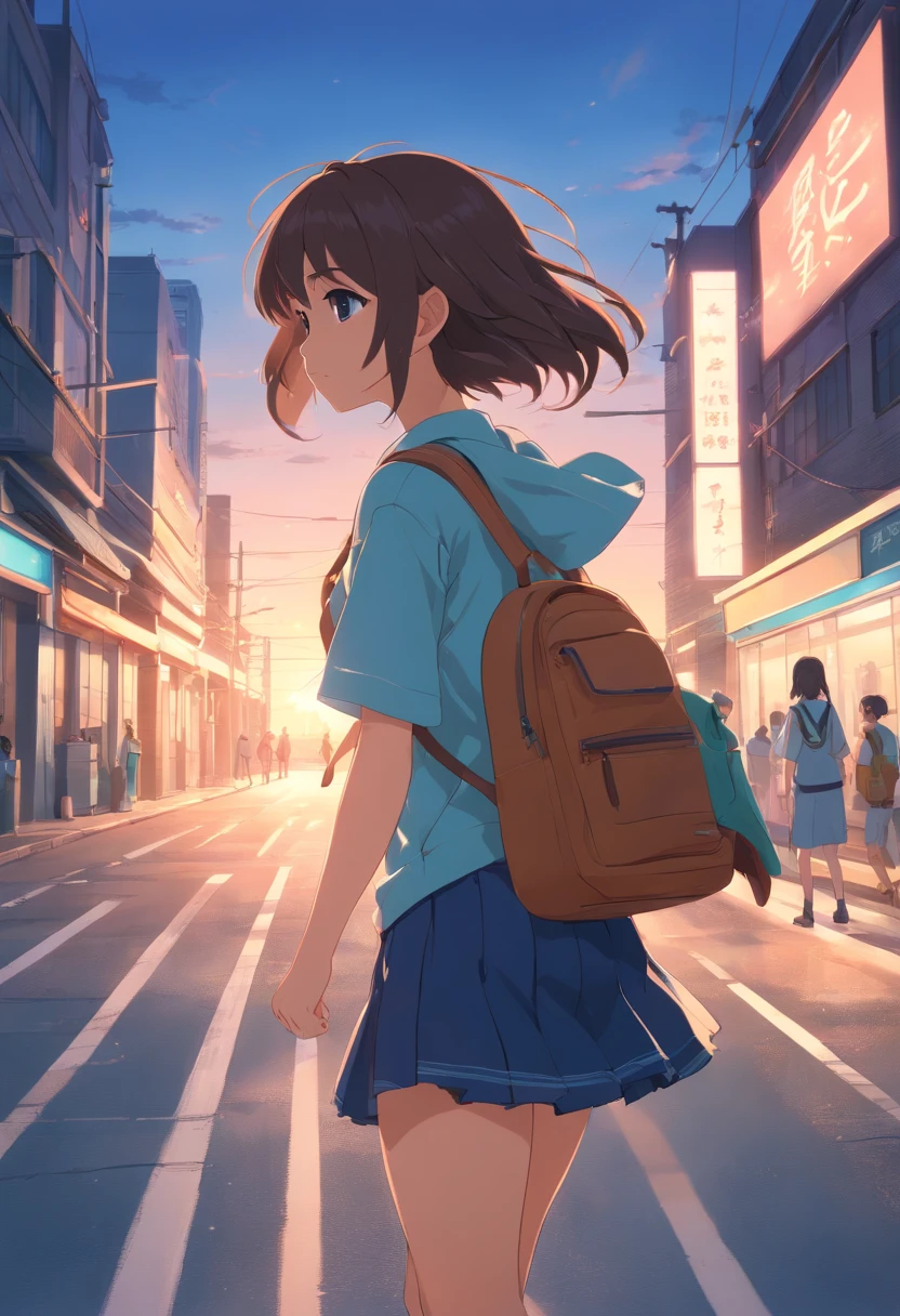 masterpiece、top-quality、Movie stills、1girl in、run sideways Facing full body Esbian 校服 pupils on hi-school girl Long hair School bag ((Makoto sideways Facing profile))