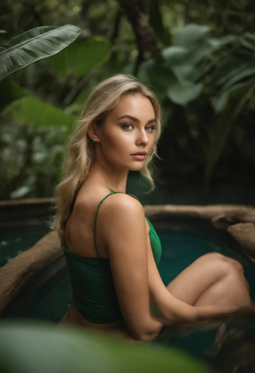 Green tank top, fille sexy aux yeux vert, Portrait Sophie Mudd, Portrait de Corinna Kopf, portrait de Charly Jordan, cheveux blonds et grands yeux, selfie of a young woman, ohne Maquillage, Natural Makeup with Piercing Eyes, Look directly into the camera, Visage avec Artgram, dezentes Maquillage, Superbe photo du corps entier, in a jungle pool setting Thailand, gros seins, Blonde, corps mannequin, Fine, well-defined eyebrow
