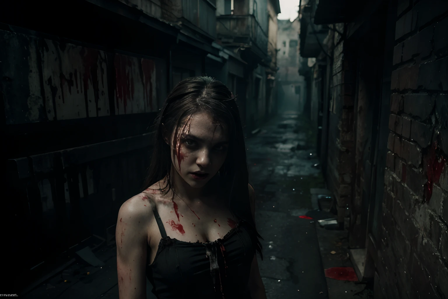 ((Masterpiece)), (Professional Photography:1.2), (High Definition:1.3), best quality, 8K, Textured skin, cinematic lighting, from above, absurdres, highres, ultra detailed, 4k wallpaper, (vibrant colors), bloody arms, (moody lighting), 1girls, (cute age gir), pale skin, super cute face, (ragged gothic dress), slender body, dark back alley, (bloody makeup), creepy atmosphere, ((hold on bloody knife)), psycho, deranged, crazy, (yandere), aqua eye, ((blood stains)), dripping blood