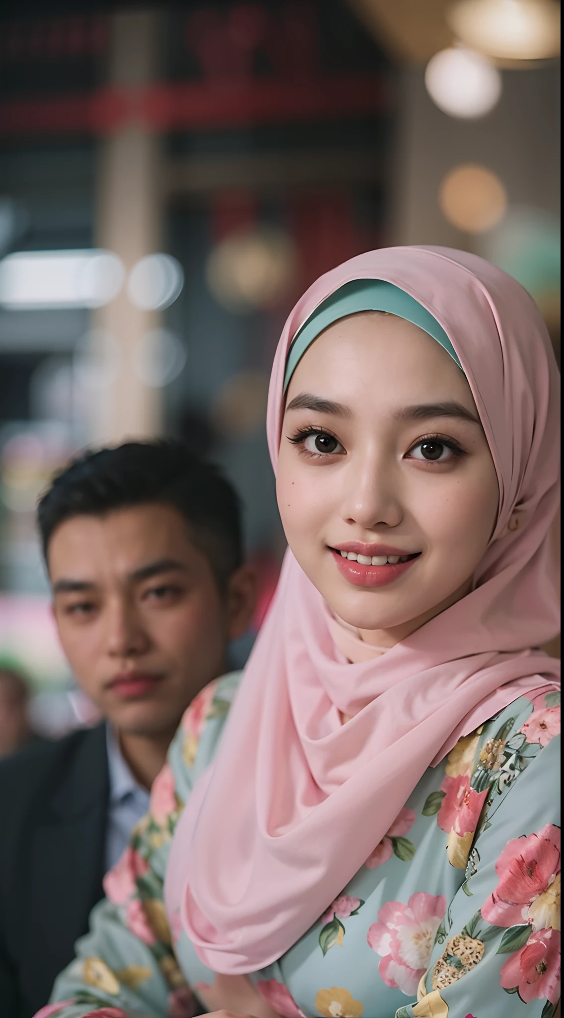 A photo of a young, nerdy malay woman in hijab sitting in a starbuck cafe with 1 malay men in office suit standing behind, woman wearing pastel floral pattern baju kurung, surrounded by a cozy atmosphere, cool ambient, looking at the viewer. (Detail skin:1.3), haired hand,
Hijab, slender, red lips,  flirting with the camera