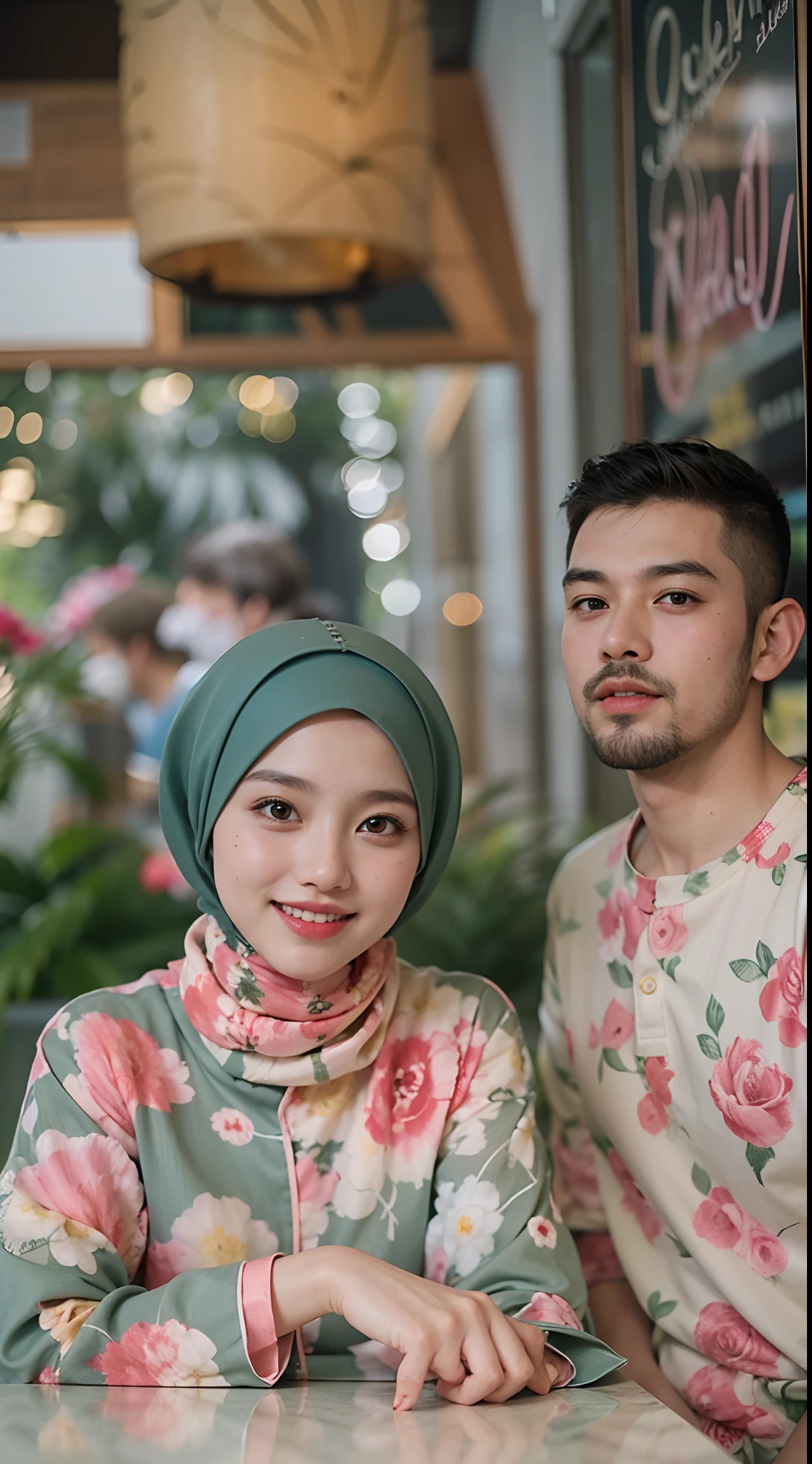 A photo of a young, nerdy malay woman in hijab sitting in a starbuck cafe with 1 malay men in office suit standing behind, woman wearing pastel floral pattern baju kurung, surrounded by a cozy atmosphere, cool ambient, looking at the viewer. (Detail skin:1.3), haired hand,
Hijab, slender, red lips,  flirting with the camera