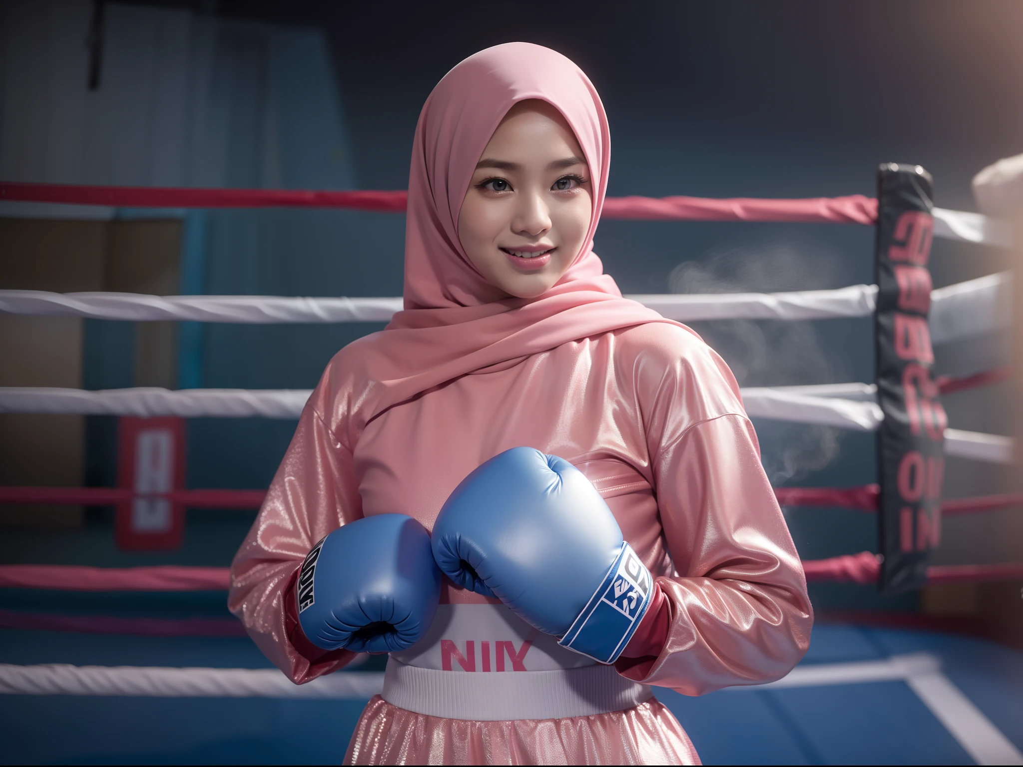 a sserafimsakura, hyper realistic, lifelike texture, dramatic lighting, Nikon RAW photo, 8k, Fujifilm XT3,CitrineDreamMix, masterpiece, best quality, realistic, (photorealistic:1.4), ultra detailed, extremely detailed face, solo,1 malay hijab girl, wearing light blue hijab,standing, (boxing gloves:1), (boxing ring), (smile:1), pink boxing outfit, dramatic and action effect, smoke effect,
