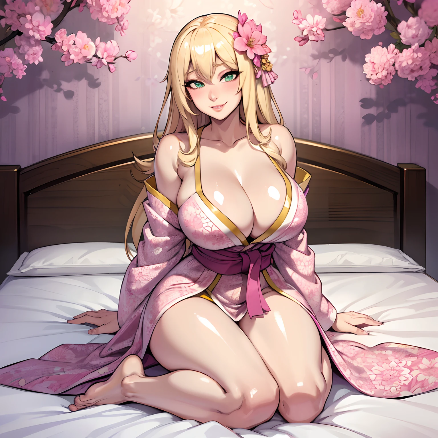 single female, long blonde hair, large chest, patterned kimono, kneeling on bed, seductive smile, blushing, (SOLO), bare legs, cleavage, boobs, shiny silk kimono, pattern kimono, flower in hair, full lips, (shiny) (shiny white kimono with gold and pink flowers), green eyes