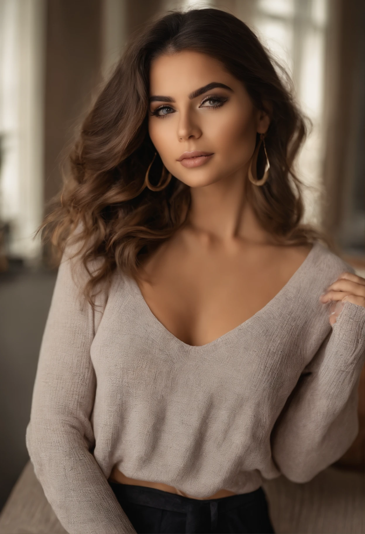 Arafed Hispanic Woman Totally , casual com olhos castanhos, ultra realistic, meticulosamente detalhado, Retrato Sophie Mudd, cabelos castanhos e olhos grandes, selfie de uma jovem mulher, Olhos do quarto, Violeta Myers, sem maquiagem, maquiagem natural, Looking directly at the camera, Rosto com ArtGram, maquiagem sutil, impressionante tiro de corpo inteiro ajoelhado na cama, no quarto, medium to large bust