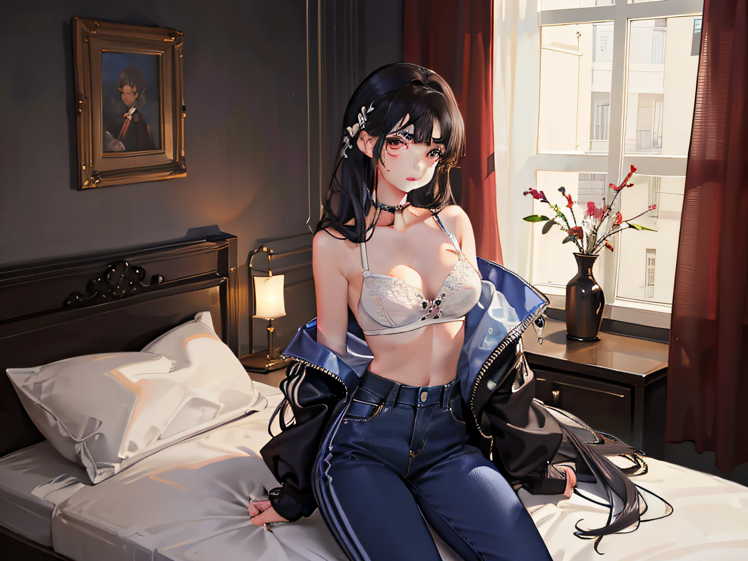 estilo lofi, crespusculo, Homem e mulher no quarto com cama, Um homem e uma mulher se beijam。A mulher tem cabelo preto arrumado,middle score, white bra,seios cheios,seios grandes cintura fina,quadris gordos,belo rosto detalhado,tou,Criado sexy,maquiagem leve,saia xadrez azul,Meias pretas, Summer T-shirt and pants。 fotos de homens。Quarto moderno, cama grande, vasos de flores, Ground flowers, Grandes janelas com vista para a cidade, a noite, lamp lights, luz suave, Luar fora da janela, The is very detailed, corpo beaturioso, , Figura 8K, estilo de arte realista, ,realista(2.0),realista,realista