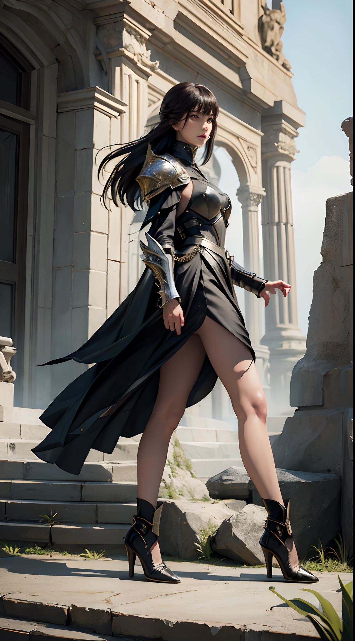 Beautiful black-haired woman walks through vast dream field, Black Maid Outfit、Digital Painting,  Digital Illustration,  Extreme Detail,  Digital Art,  4K,  Ultra HD, Michael Garmash, Ben Bauschau、Rapier in hand、