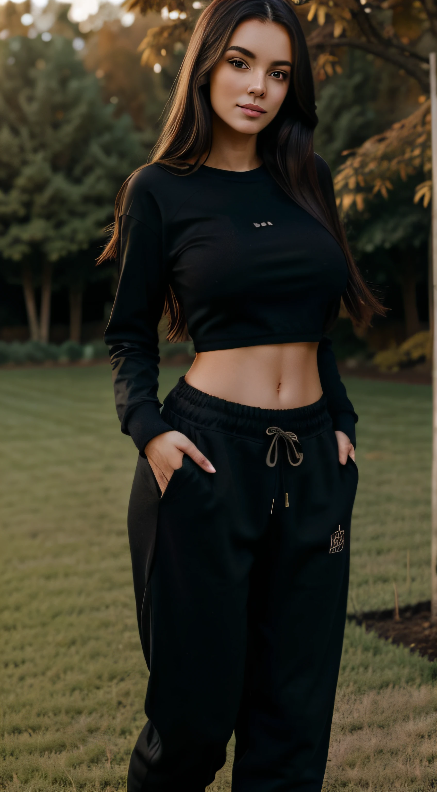 full body, long_hair, gorgeous, city girl, western, sweatpants, medium boobs under clothes, black shirt cozy clothes, (masterpiece), best quality, garden, grass, outside, autumn blurry background,