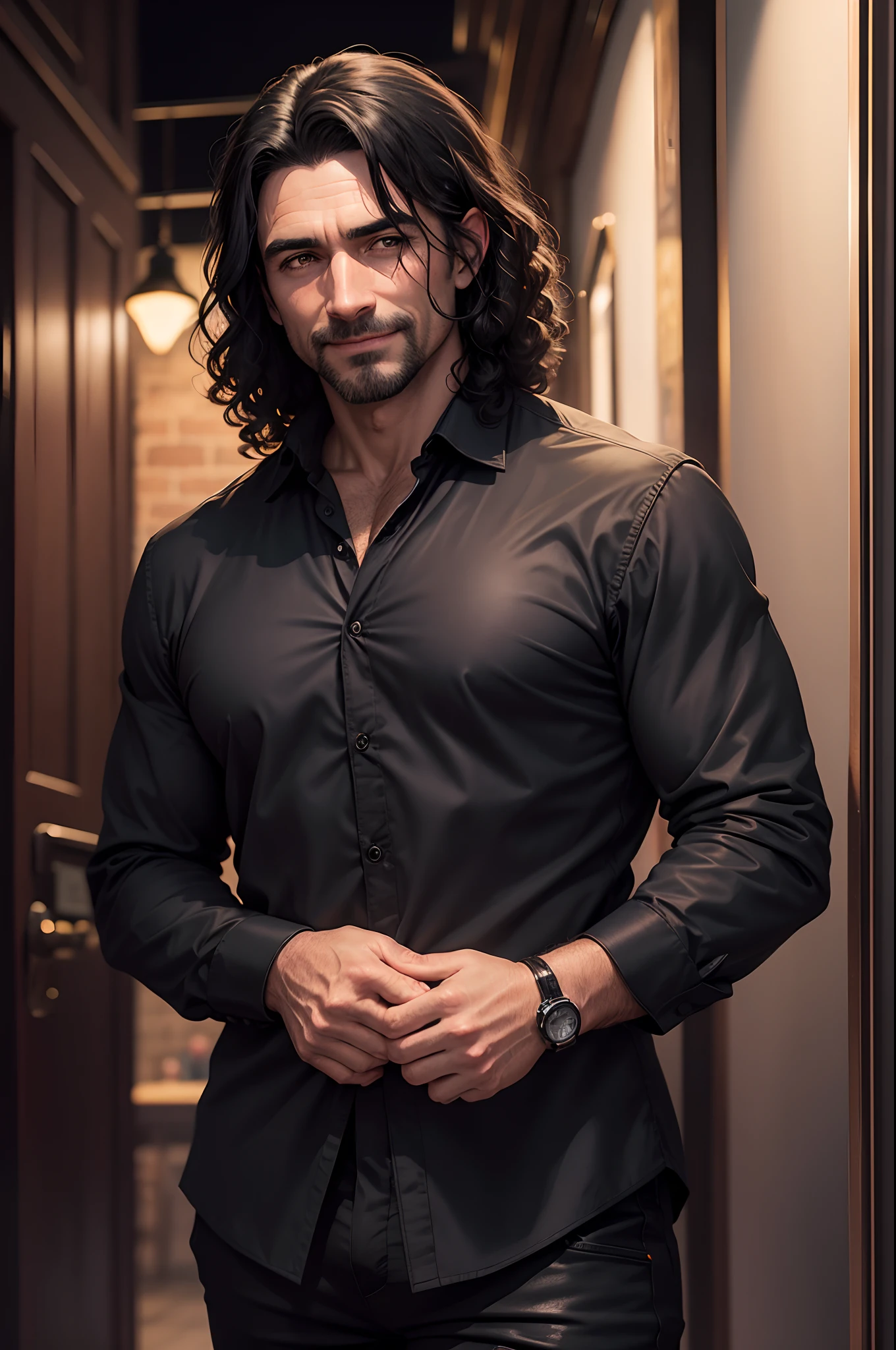 realistic, 8k image of a 40 year old man, man, medium sized curly black hair, strong, dressed in a casual black blouse and black pants, at the entrance of a dimly lit pub, night, mocking smile, anime style art