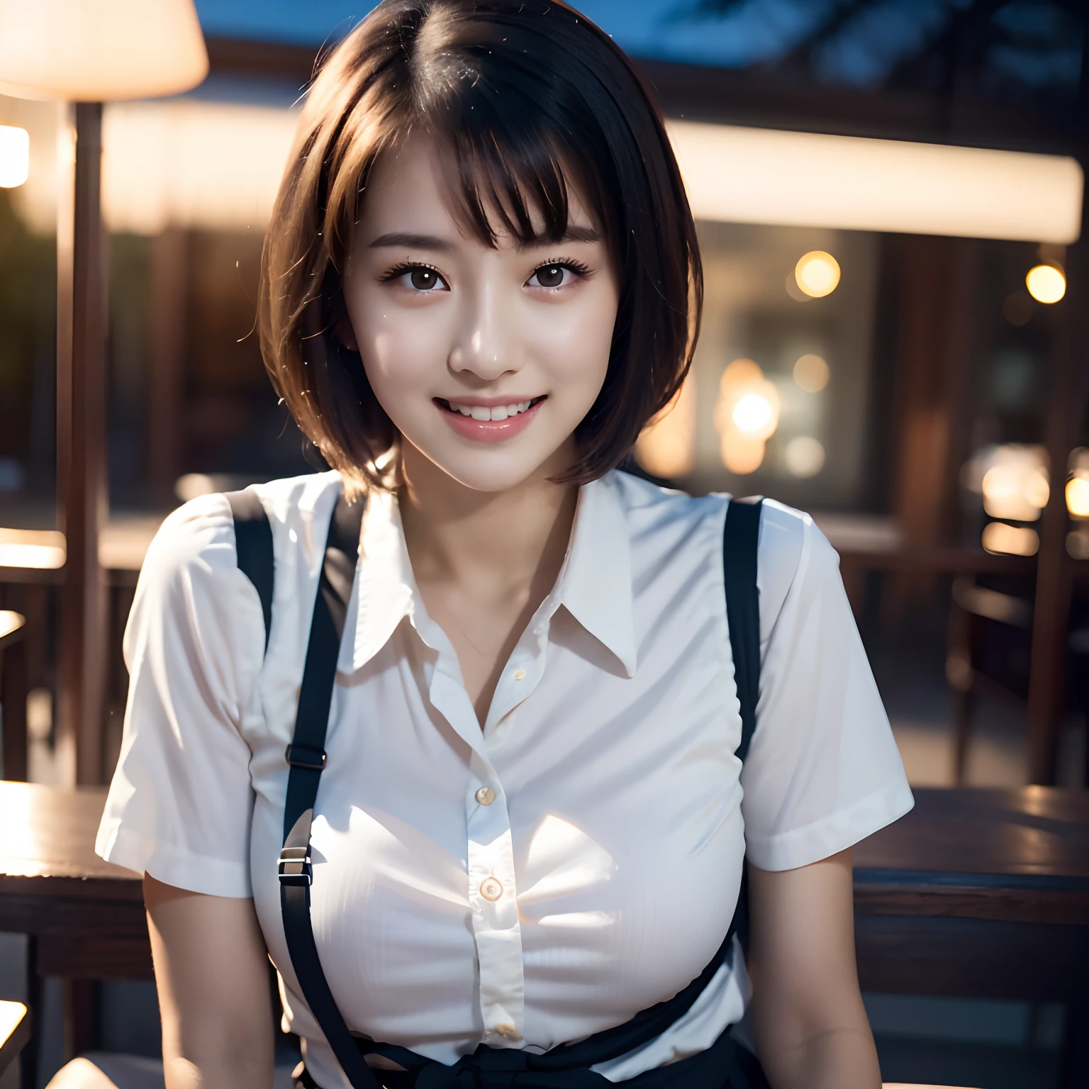 (8k, RAW photo, best quality, masterpiece:1.2), (realistic, photo-realistic:1.37), ultra-detailed,
1 girl,cute, solo,beautiful detailed sky,detailed cafe,night,sitting,dating,(nose blush),(smile:1.1),(closed mouth),large breasts, seductive smile, large aparture, professional lighting, Sony A7R4, Zessie 50mm F1.8,
medium breasts,beautiful detailed eyes,(collared shirt:1.1), bowtie,pleated skirt,(short hair:1.2),floating hair
