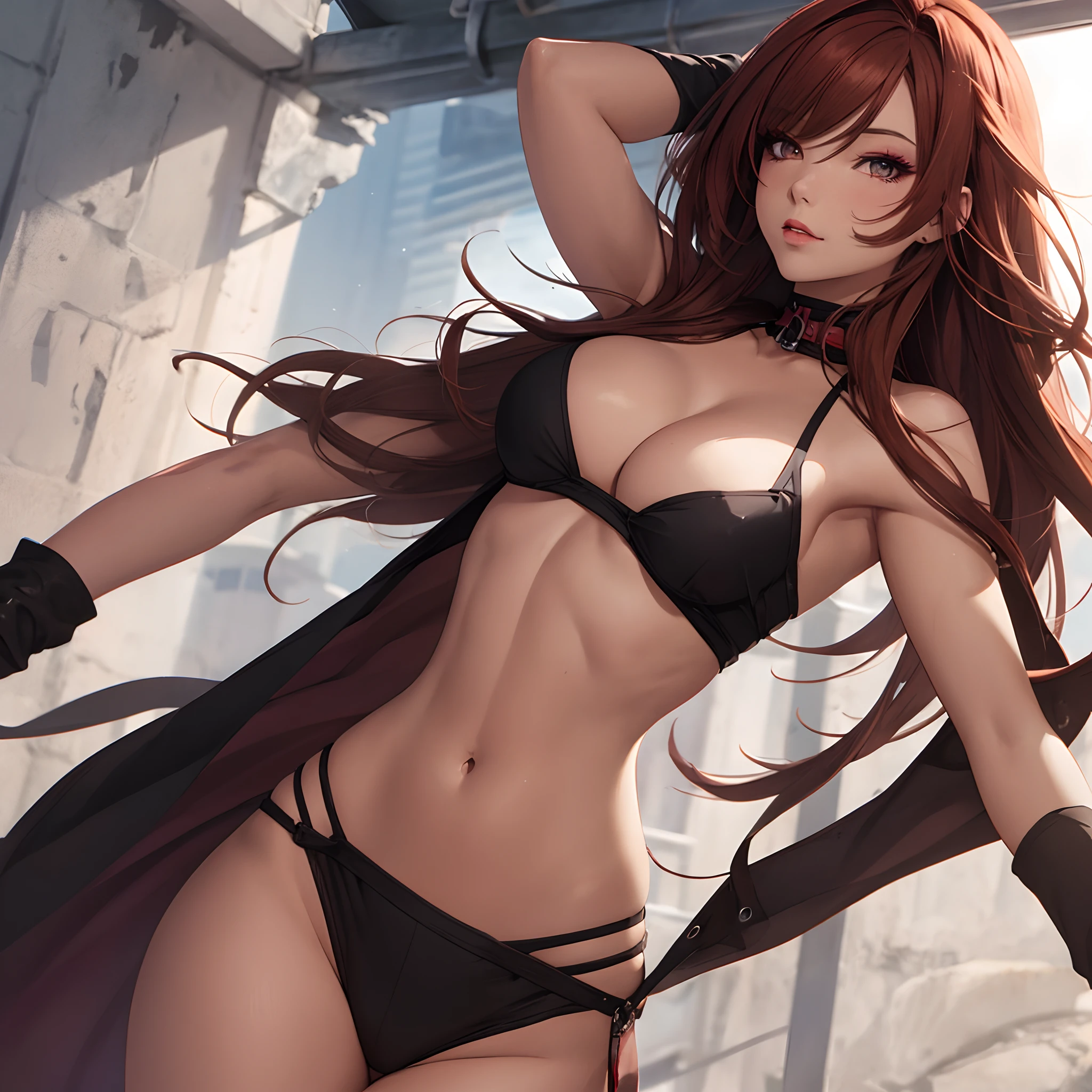CG illustration, high definition, anime, muscular female barbarian, auburn hair, feminine, makeup, open breasts