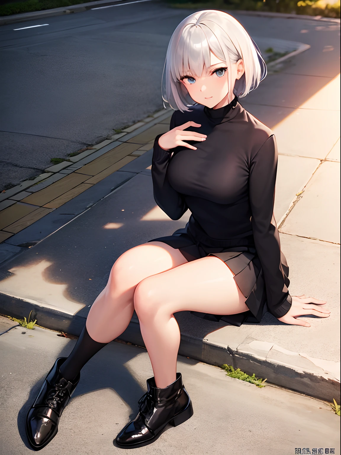 masterpiece:1.3、ultra high resolution:1.3、8K、woman、solo:1.3、big breasts、The style is very good.、White-silver hair、light blue eyes、sitting、ponytail、dropped shoulder oversized sweater 、sneakers、outdoor、Light pointing、apartment、city、smile、blush、real moist skin、Stuffy、wet