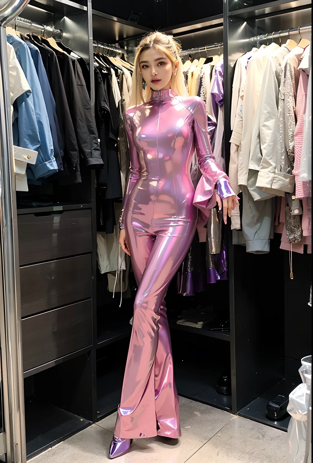 Deepika Paducone(Deepika Paducone)Wearing a shiny purple suit, latex shiny, wearing atsuko kudo latex outfit, wearing tight suit, smooth purple skin, Purple body, shiny metallic glossy skin, shiny plastic, futuristic glossy latex suit, shiny plastic armor, Glossy glossy skin, tight full body suit, Wearing latex, shiny and metallic, glowing purple, Glossy,Beautiful women with fair skin,