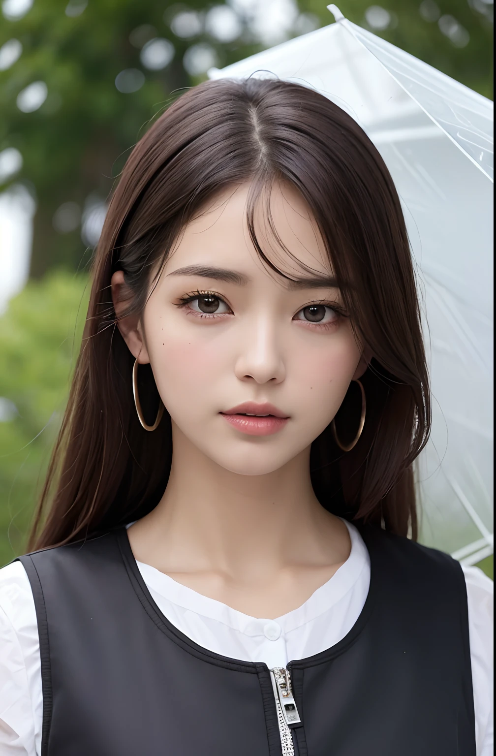 (best qualtiy,4K,tmasterpiece:1.3),Pretty women,2girls,duo,Raised sexy:1.1,dark brown hair:1.1,(Wet with rain,Wet with rain,Get wet:1.2),Gilet blanc,Super detailed face,Detailed lips,A detailed eye,二重まぶた