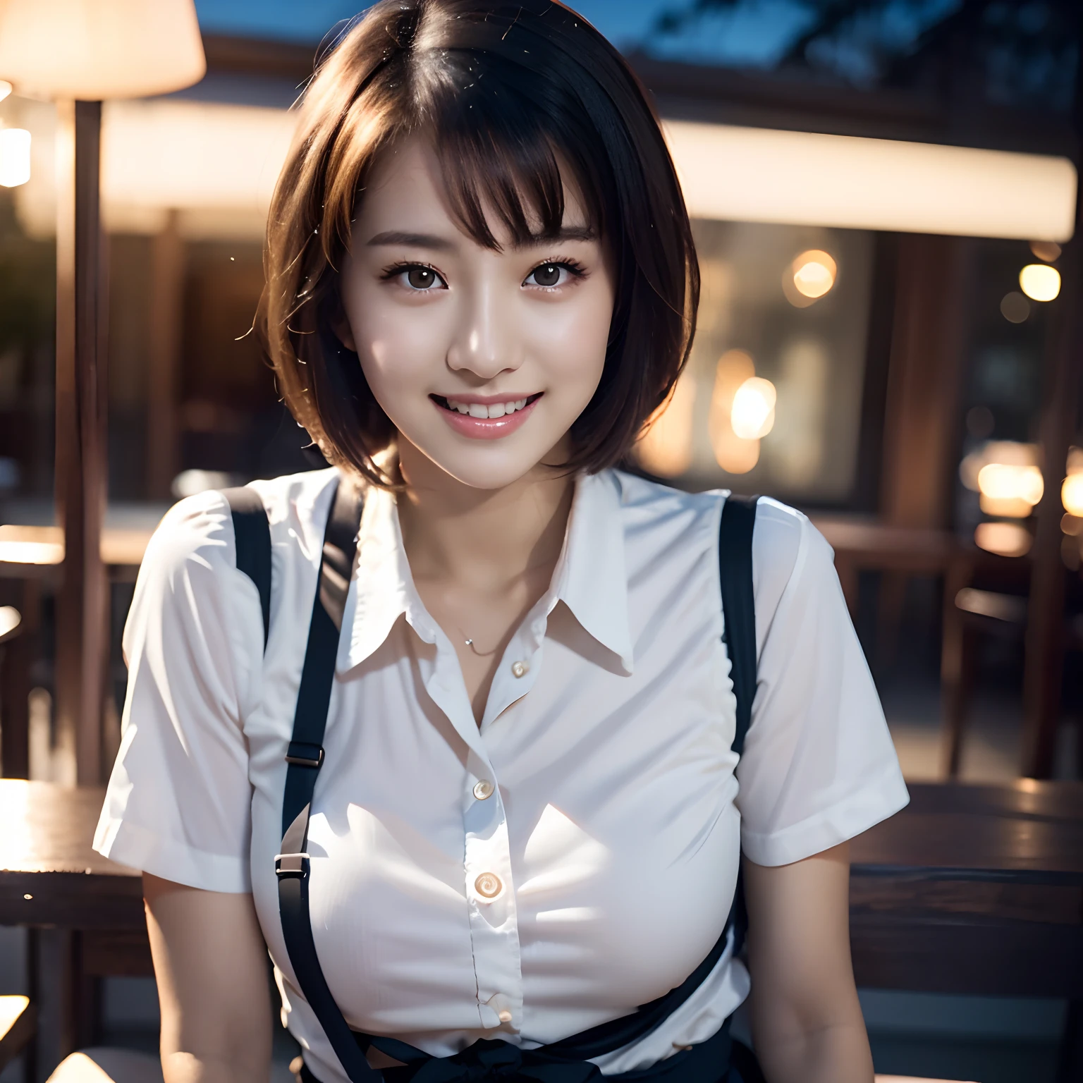 (8k, RAW photo, best quality, masterpiece:1.2), (realistic, photo-realistic:1.37), ultra-detailed,
1 girl,cute, solo,beautiful detailed sky,detailed cafe,night,sitting,dating,(nose blush),(smile:1.1),(closed mouth),large breasts, seductive smile, large aparture, professional lighting, Sony A7R4, Zessie 50mm F1.8,
medium breasts,beautiful detailed eyes,(collared shirt:1.1), bowtie,pleated skirt,(short hair:1.2),floating hair