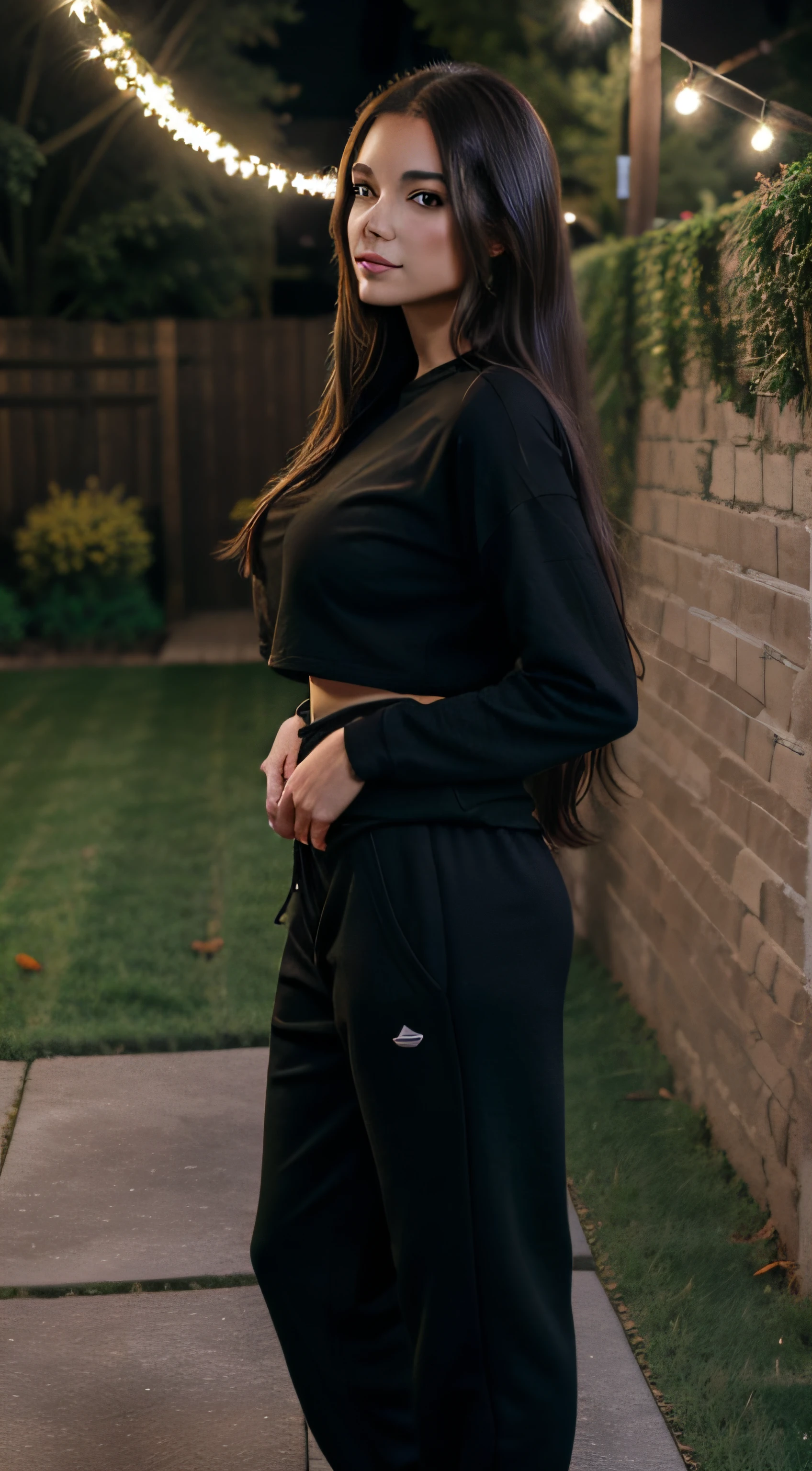 full body, long_hair, gorgeous, city girl, western, sweatpants, medium boobs under clothes, black shirt cozy clothes, (masterpiece), best quality, garden, grass, outside, night time, wall, autumn blurry background,