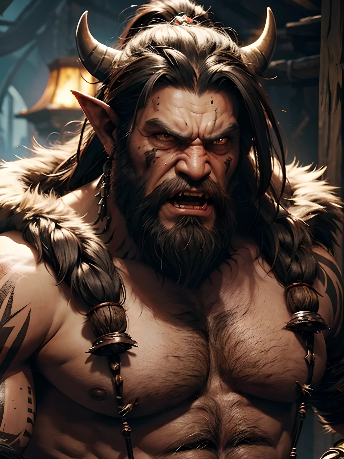 Monster, orcs, old, long hairs, long beard, large fangs, giant body, muscular, hairy body, tribal tattoo, tribal accessories, topless, inspired by Warcraft, face closeup, angry, aggressive, growling,