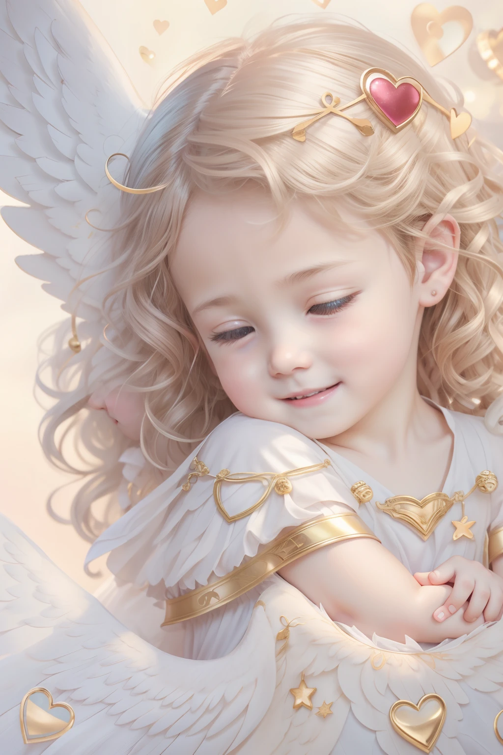 Blessings of Angels､Bright background、Boys with curly hairstyles、heart mark、tenderness､A smile、Gentle､Baby Angel、lovemaking、The sound of bells