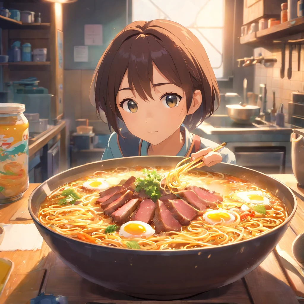 a dog eating A bowl of beef noodles,Fresh vegetables,The poached egg aroma is overflowing,The brown shells are delicious and delicious,Pepper has a strong flavor,The yellow bamboo shoots are crispy and delicious,The fungus has a delicate taste,Tofu has a great final flavor,High detail, Ultra detail, complexdetails, finedetail, hyper-detailing, Cinematic, Surreal Surrealist soft light, Studio lighting, diffused soft lighting, Shallow depth of field, Sharp focus bokeh, Ray tracing, Subsurface scattering, Diffuse reflection soft lighting Ultra detail, (Complexity, detail, hyper-detailing), Cinematic, Hyperrealistic