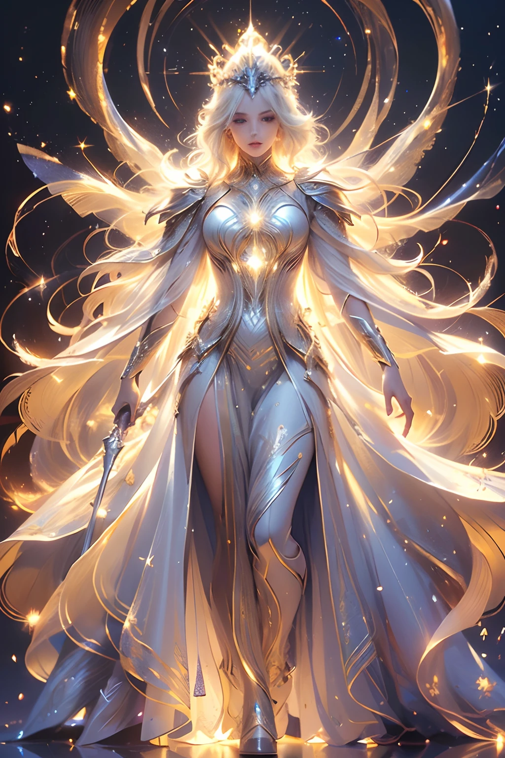 (Masterpiece, Best quality, Ultra-detailed 8K Cg Unity wallpaper), Luminous light goddess in full-body portrait, (body radiating brilliant glow:1.5), Ethereal presence, (Silky dress with ultra-detailed metallic patterns, Full-body view), Shimmering crystal jewelry, (Sharp eyeliner, Detailed eyes:1.1, Platinum blonde hair), (Royal crown:1.3, breathtakingly luxurious), Cosmic universe background , (Powerful sunbeam spotlighting her position), (Magical light effects), Holding light scepter gracefully, (divine light dominion:1.3), Stunning visuals, dramatic lighting, cinematic