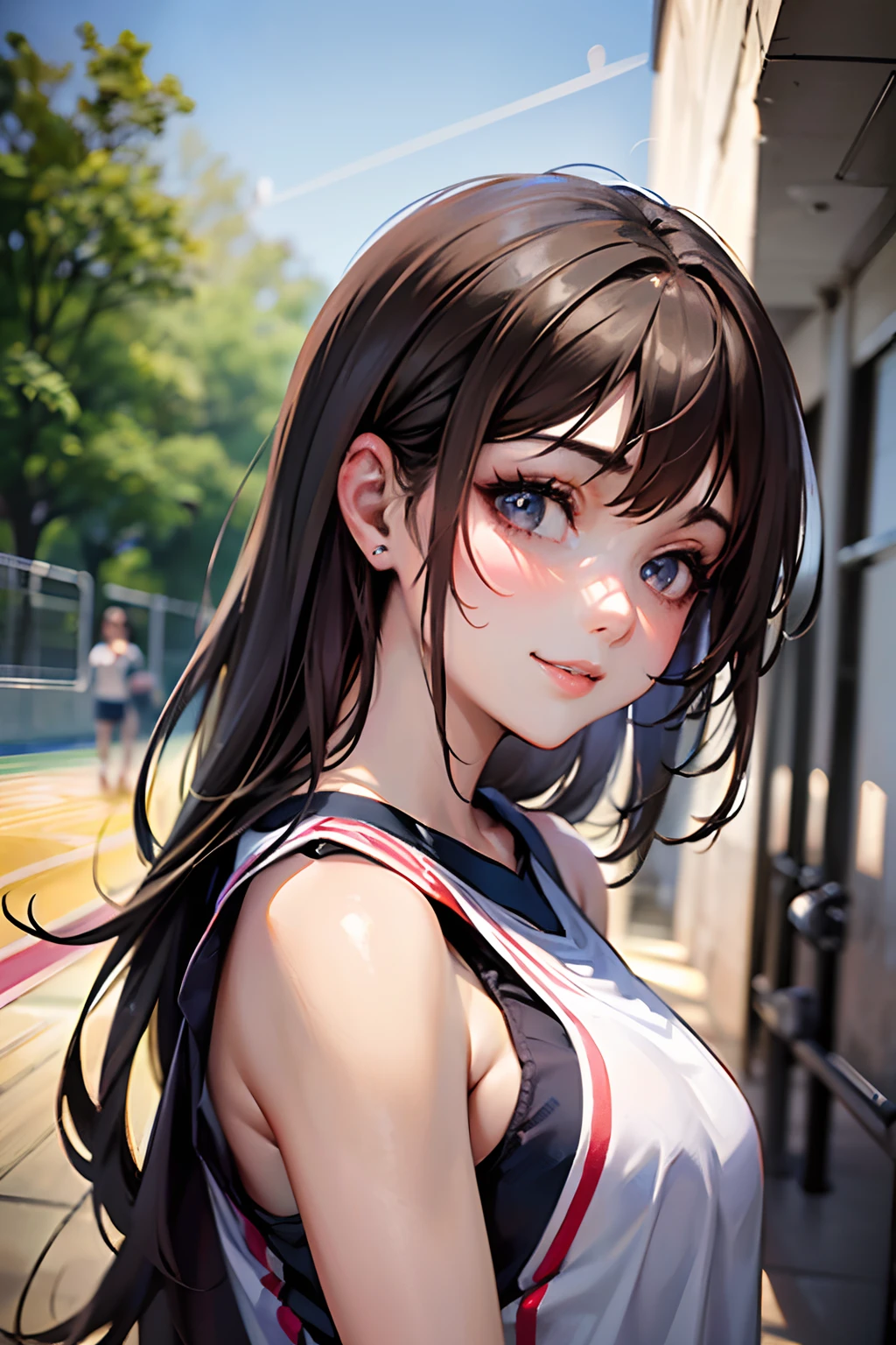 masterpiece, 1 beautiful girls, detaileds, top-quality, 超A high resolution, (Realistis: 1.4), OriginalPhotographs, 电影灯光, A smile, Asian Beauty, very extremely beautiful, Slightly younger face, Beautiful skins, slender, (A hyper-realistic), (hight resolution), (8K), (ighly detailed), (The best illustrations), (beautifully detailed eyes), (ultra-detailliert), (wall-paper), (详细的脸), fine detailed, A detailed face、pureerosfaceace_v1、46-point diagonal bangs、(beautidful eyes:1.5)(Photorealsitic:1.5)、Raw foto、1girl in、deep-shadows、With a sweet look、(Brown Hair Octops:1.5) Super Detail, Textured skin, tre anatomically correct、(Women's Basketball)、(Scoring a long shot in the gymnasium:1.5)
