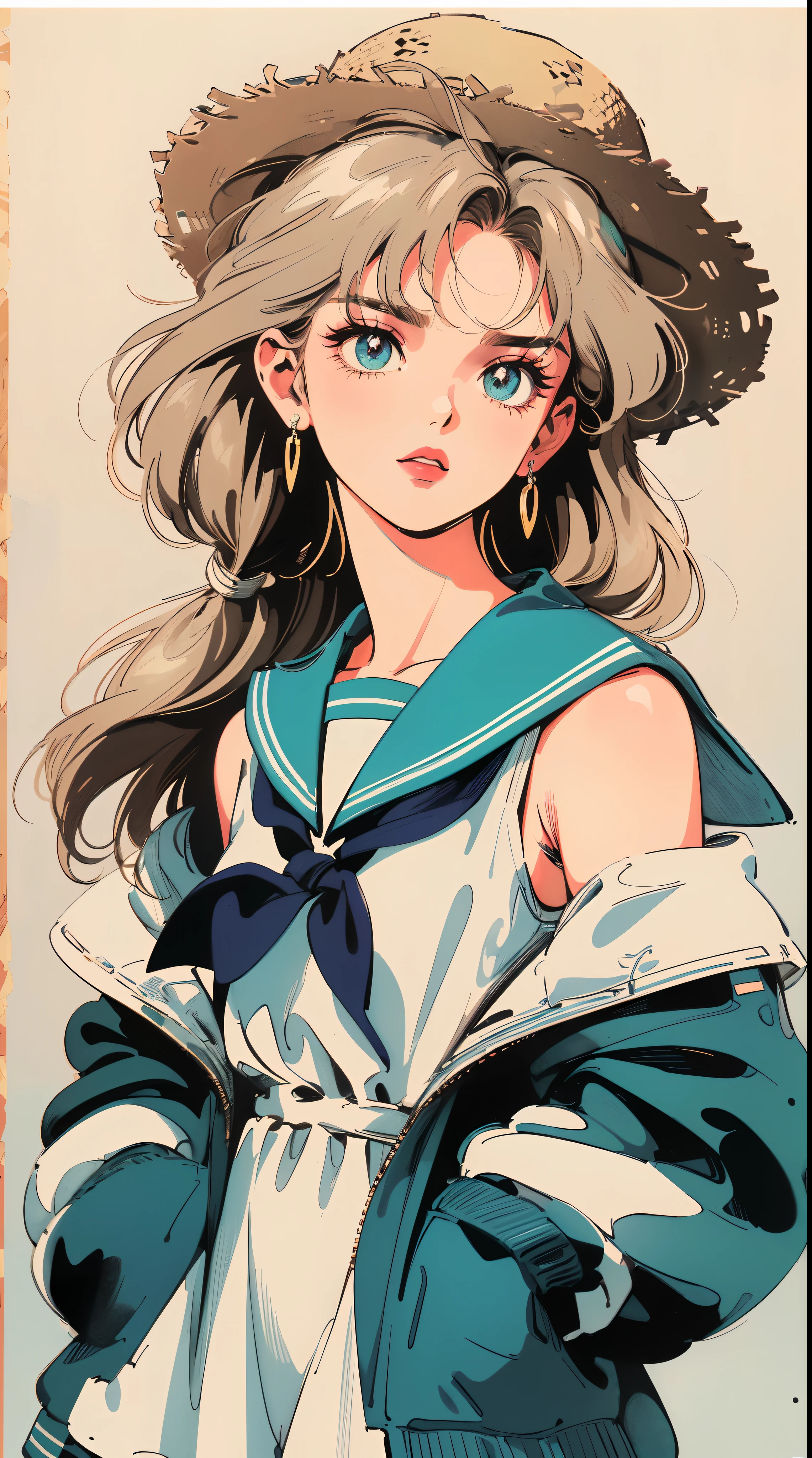 ((((Vaporwave style,90's anime style,1990s style,1970s anime，have the style of folk portraits，retro style posters,chicano inspired retro fashion，renaissance,  retro style inspiration retro, dusty,sandstone,sandstorm,sunflower, fresh and clean appearance，))))(masterpiece:1.2, best quality,top quality,epic quality,UHD), (detalhes intrincados),((Straw Hat Hat,head tilts,hands in pockets,)) 1lady, solo,minimal makeup, tecidos naturais,innocent, cara travessa,((rich background,))  ((flower field,))golden hair,{long hair|Clearly visible hair|natural curved|ahoge| twintail},claros, franja, franja na testa,incredibly_absurdres pupils,saia plissada, (((sagging breasts))), face madura, detailed face, ((ultra-detailed,  lovely)), (geometric:1.2),)),  ((off shoulders,frills,sleeves past wrists,sailor dress,sailor uniform, stockings,))ray tracing,god lighting,god ray)),((extremely_Detailed_Eyes_and_face)),(Beautiful and aesthetic: 1.2),Brilliant,unbelievable Ridiculous quality,)),((extremely_Detailed_Eyes_and_face)),(Beautiful and aesthetic: 1.2),Brilliant，Ultra-precise depiction, Ultra-detailed depiction,Bokeh (85mm Shot)，(((Delicate fingers and hands:0.55))::0.85))),(Detailed fingers),