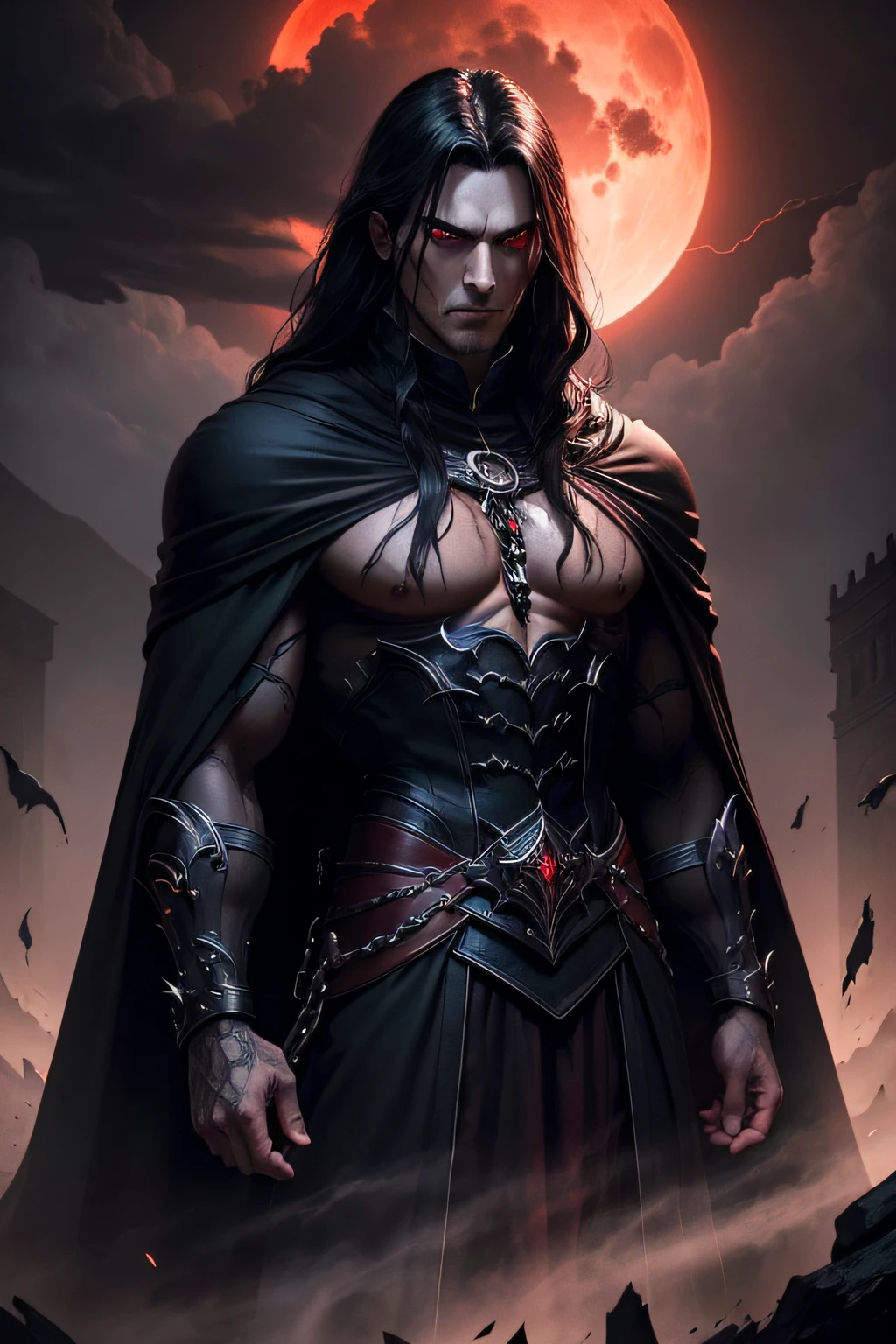 a dark muscular male evil lord, long flowing black hair, black and red cloak, piercing red eyes, menacing expression, powerful aura, standing in a dimly lit chamber,, casting eerie shadows, , adorned with intricate details, with a sinister grin, exuding an aura of darkness, with an intimidating presence, in a gothic castle, with imposing architecture, shrouded in mist, under a blood-red moon, with a storm brewing in the background, creating a foreboding atmosphere, reminiscent of a dark fantasy novel cover, with a dramatic lighting, emphasizing the contrast between light and shadow, evoking a sense of mystery and danger, with a touch of supernatural elements and captivating artistry.