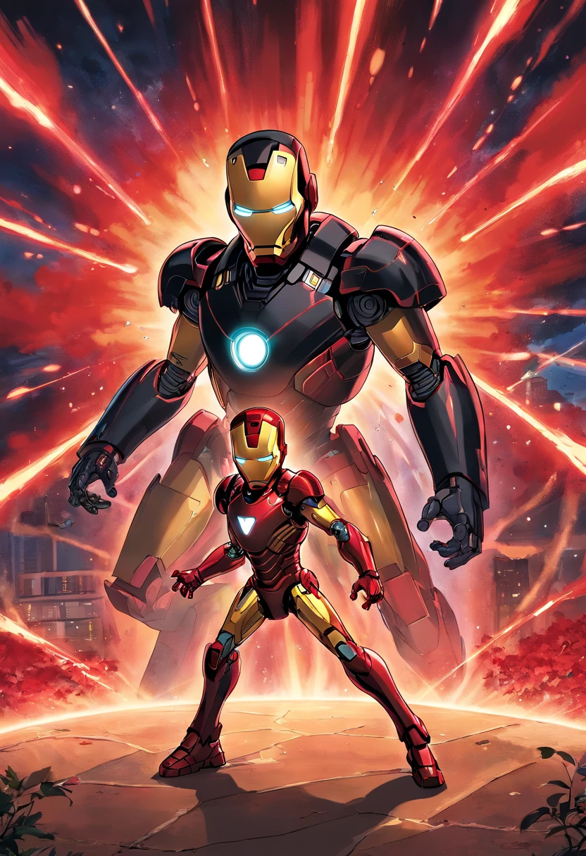 Kid in black and red iron man suit, shooting lasers