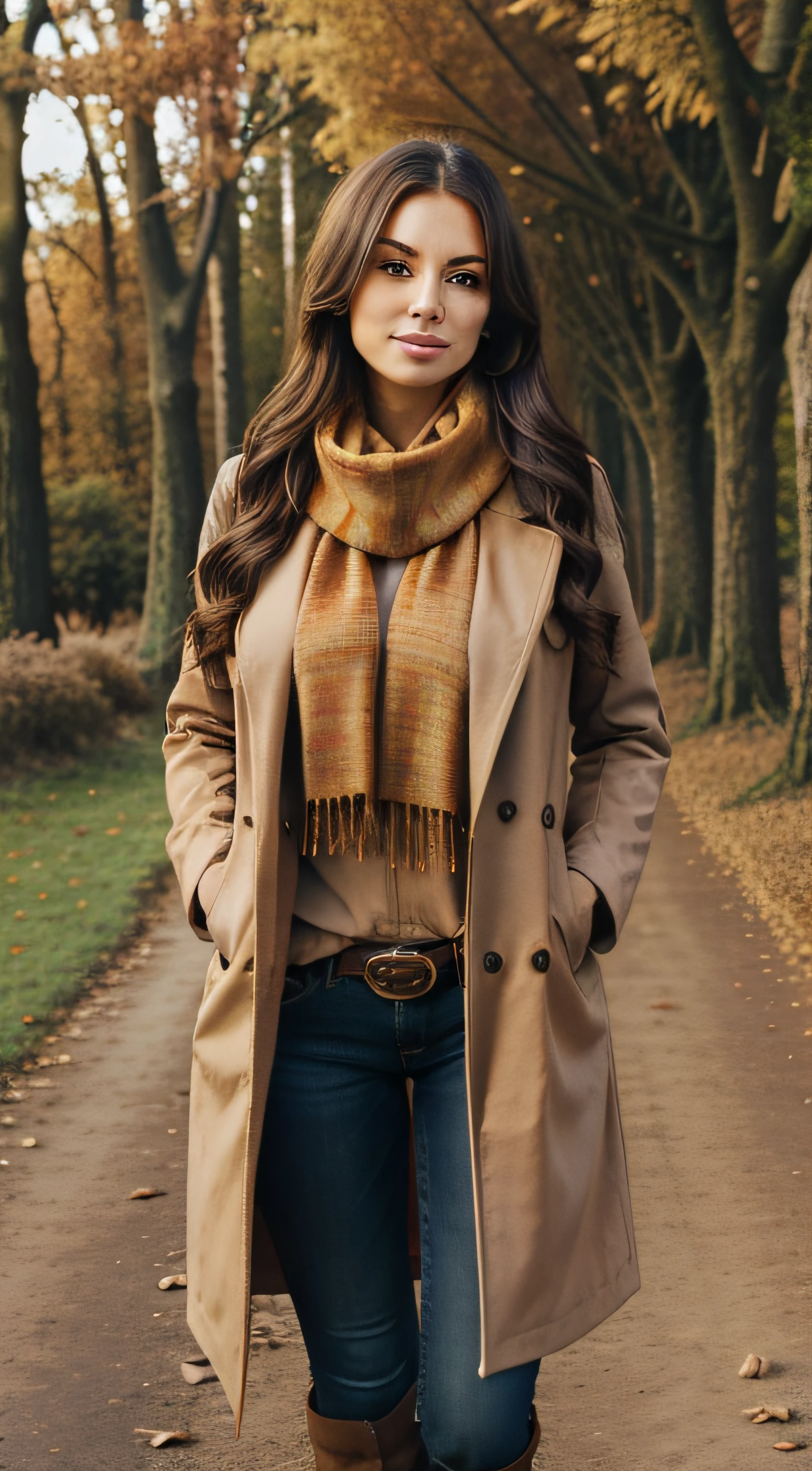 full body, long_hair, gorgeous, city girl, western, autumn scarf, medium boobs under clothes, brown jacket, autumn clothes, semi-cold outside clothes, (masterpiece), best quality, garden, grass, outside, night time, autumn blurry background, in the forest, autumn leaves