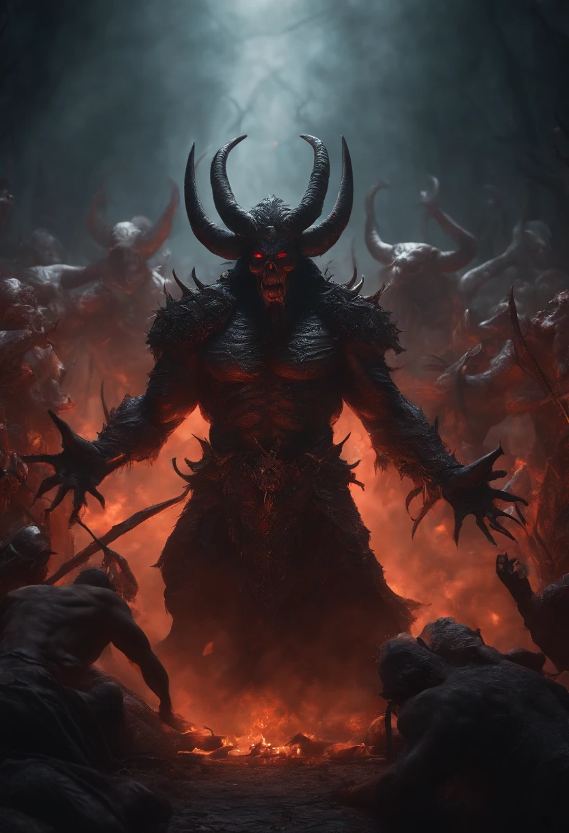 Evil Demon Conquers the World, Terror over a pile of corpses, Hirngespinst, kompliziert, elegant, Highly detailed , Auf ArtStation im Trend, Scharfer Fokus, Dunkle Beleuchtung, Komplizierte Details, Highly detailed, UHD, realistisch, Horrorfilm-Stil, Dynamische Komposition, 8K, mysterious, Lichtteilchen, mit leuchtendem Licht, Mshiff, wallpaper art, Meisterwerk