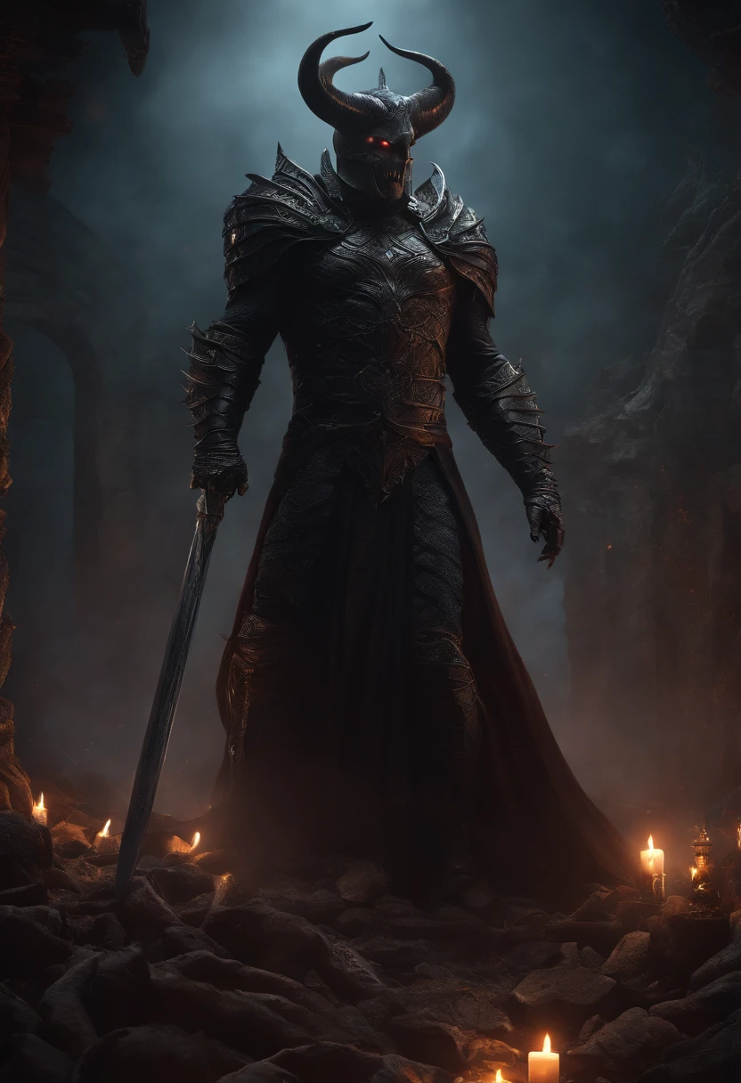 Evil Demon Conquers the World, Terror over a pile of corpses, Hirngespinst, kompliziert, elegant, Highly detailed , Auf ArtStation im Trend, Scharfer Fokus, Dunkle Beleuchtung, Komplizierte Details, Highly detailed, UHD, realistisch, Horrorfilm-Stil, Dynamische Komposition, 8K, mysterious, Lichtteilchen, mit leuchtendem Licht, Mshiff, wallpaper art, Meisterwerk