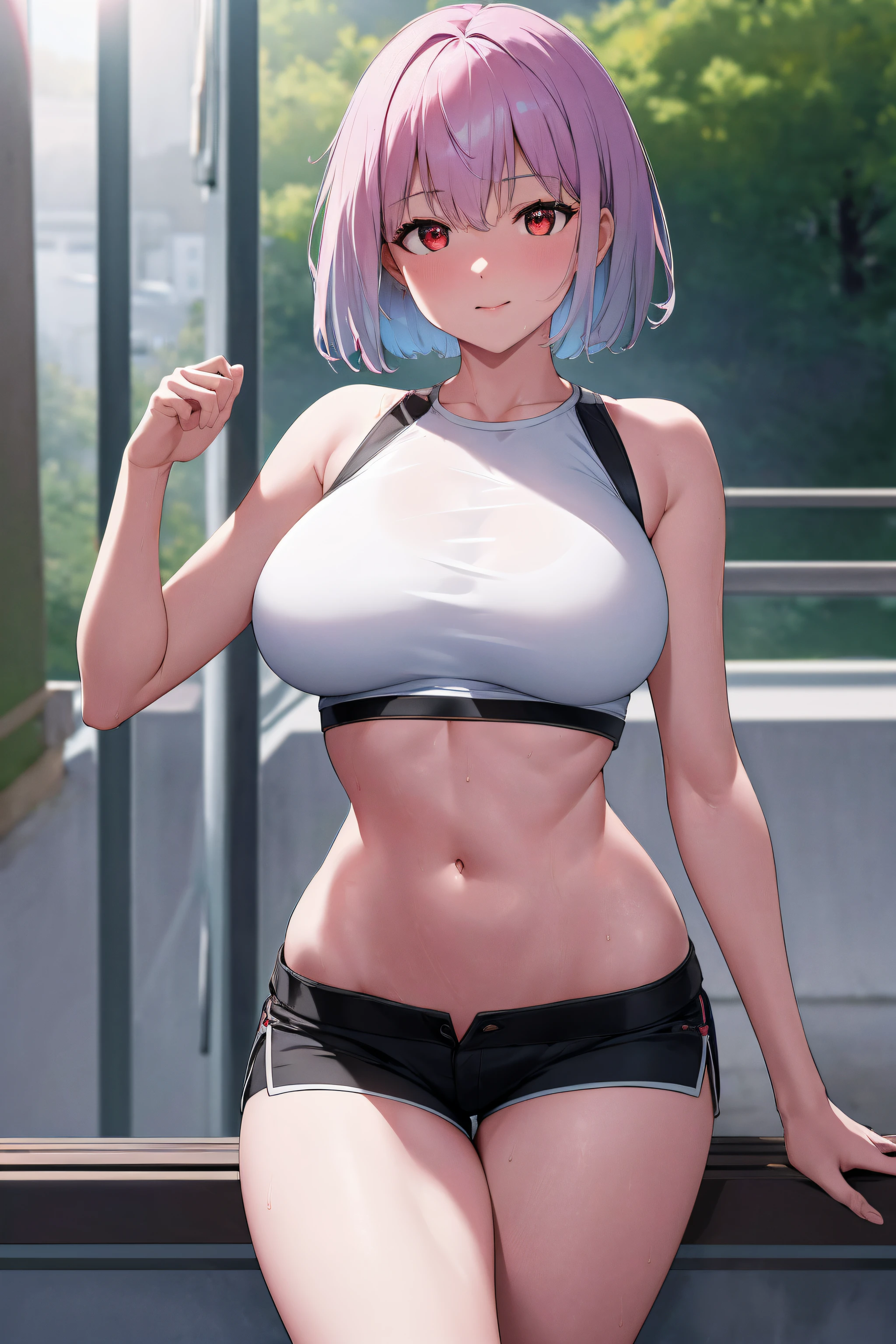 masterpiece, best quality, highres, aaakane, short hair, red eyes, large breasts, crop top, navel, black shorts,exercise, wet, water, lying, from above,NSFW,official art,extremely detailed CG unity 8k wallpaper, perfect lighting, (masterpiece:1.0),(best_quality:1.0), ultra high res,4K,ultra-detailed, photography, 8K, HDR, highres, absurdres:1.2, Kodak portra 400, film grain, blurry background, bokeh:1.2, lens flare, (vibrant_color:1.2),(beautiful_face:1.5),(narrow_waist),(perfect hands, perfect anatomy),