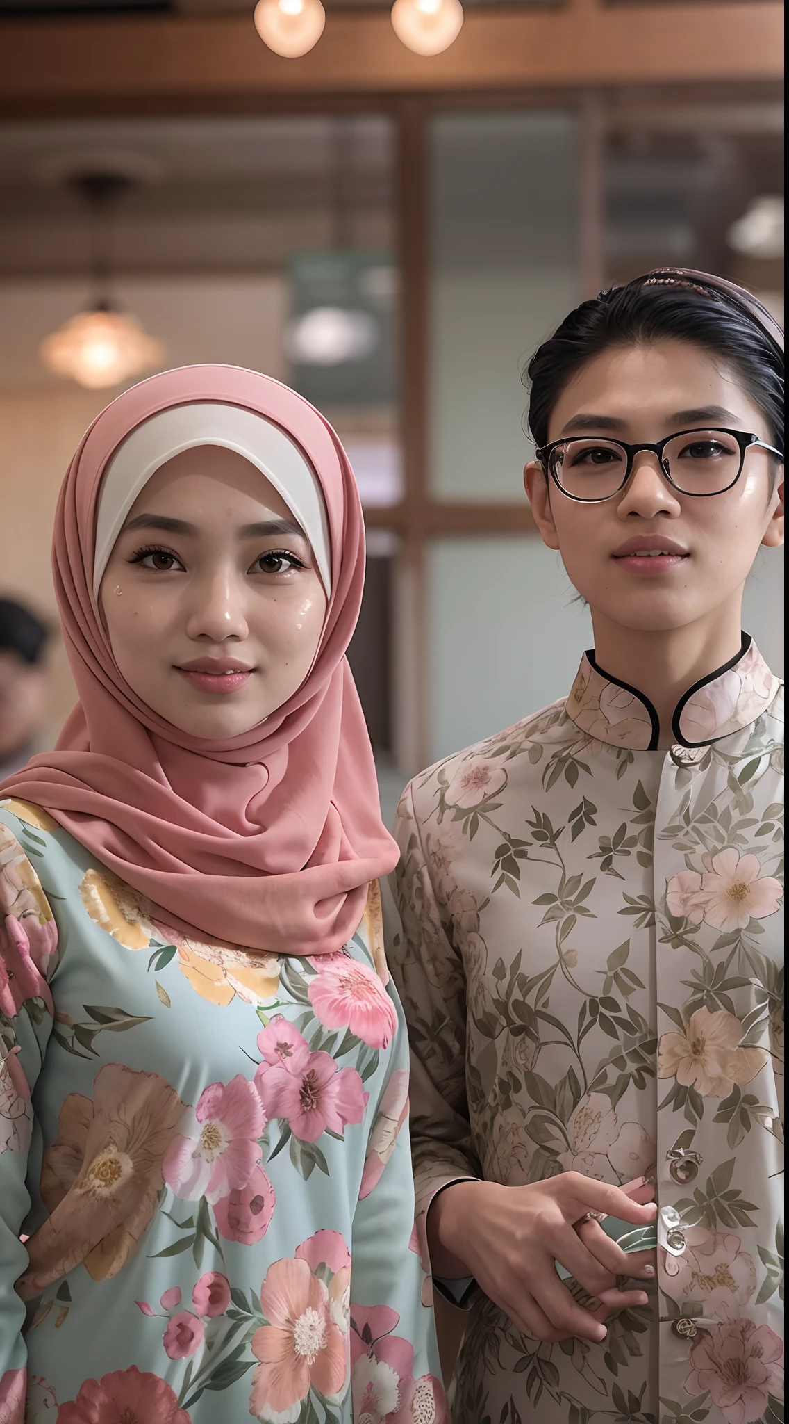 A photo of a young, nerdy malay woman in hijab sitting in a starbuck cafe with 1 malay men in office suit standing behind, woman wearing pastel floral pattern baju kurung, surrounded by a cozy atmosphere, cool ambient, looking at the viewer. (Detail skin:1.3), haired hand,
Hijab, slender, red lips,  flirting with the camera