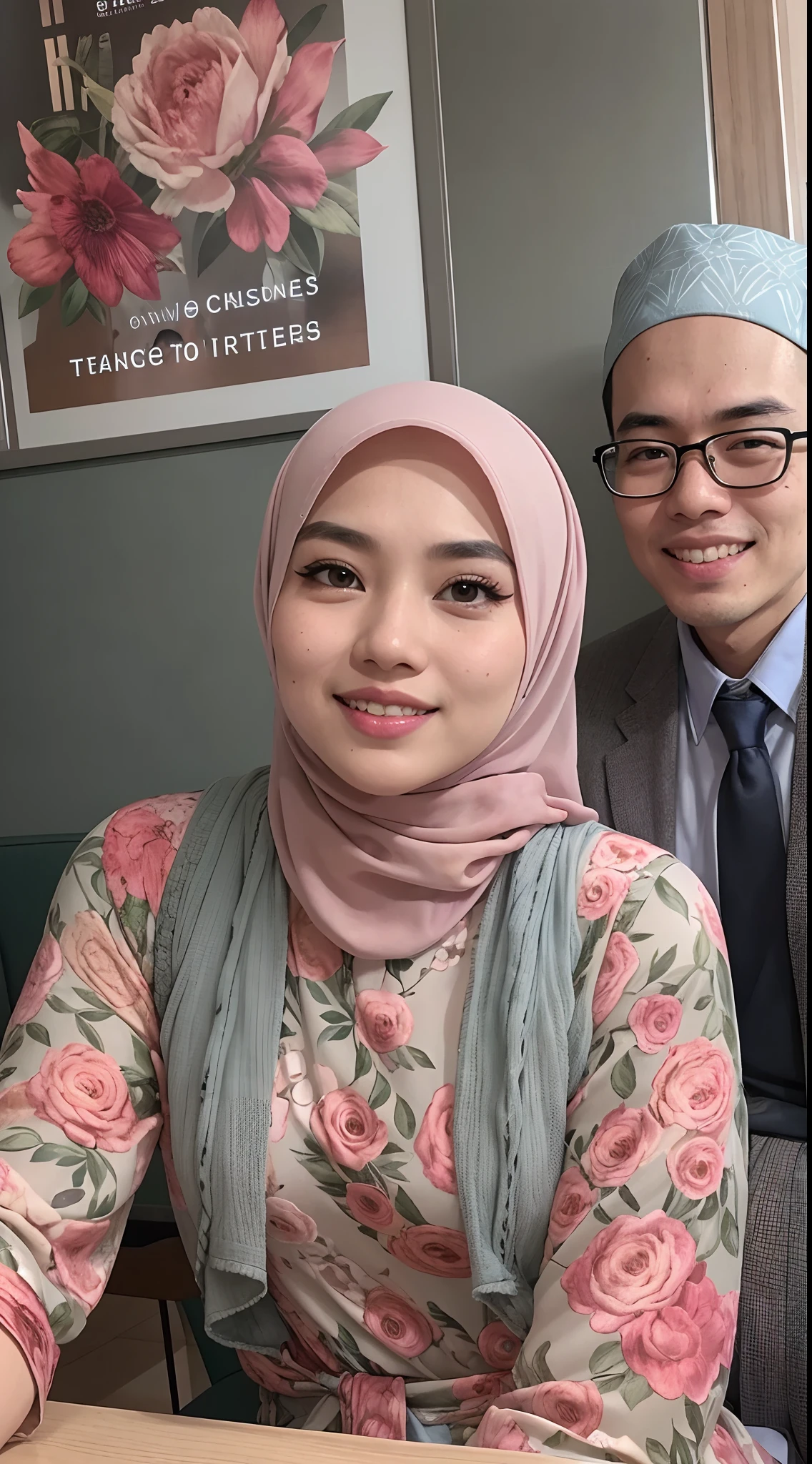 A photo of a young, nerdy malay woman in hijab sitting in a starbuck cafe with 1 malay men in office suit standing behind, woman wearing pastel floral pattern baju kurung, surrounded by a cozy atmosphere, cool ambient, looking at the viewer. (Detail skin:1.3), haired hand,
Hijab, slender, red lips,  flirting with the camera