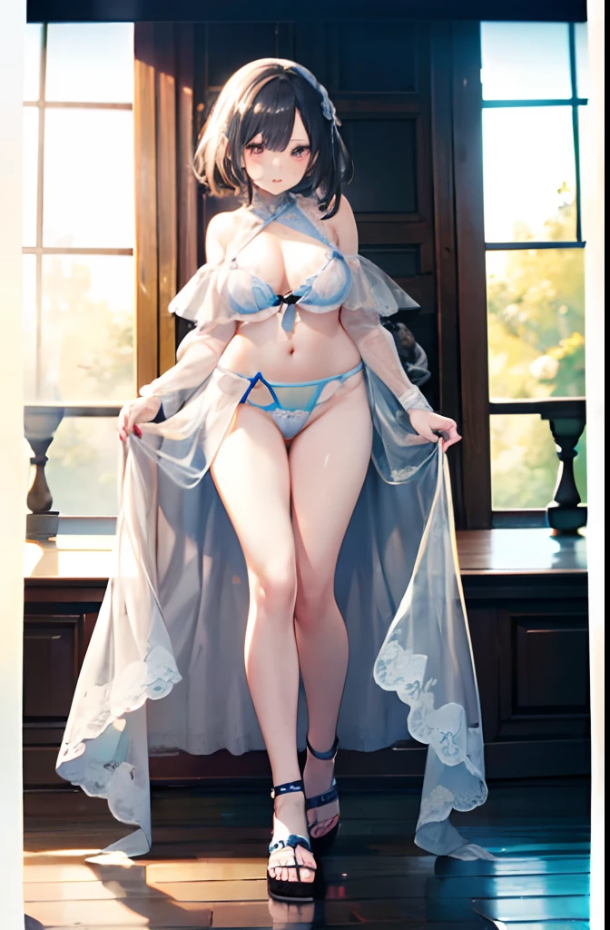 (1 female),full-body view,Almost all breasts are exposed,Snow-white skin,full body Esbian,Colossal tits,nedium breasts,beautiful legs,Sandals,White transparent lace underwear,white tit, Only underwear lewd,Revealing breasts,Open chest and breasts,Pink ,Exposed white transparent panties,Perfect five fingers,Beautiful breasts, Top resolution、top-quality、Top resolution、top-quality、masutepiece,Best Quality,Ultra detailed hands,extra detailed face、Original Characters、Perfect litthing、best colors、highly colorful、It's beautiful、finedetail、超A high resolution、Plenty of natural light and optimal color tones、Deep Depth Of Field(top-quality、Superb Detail:1.4)