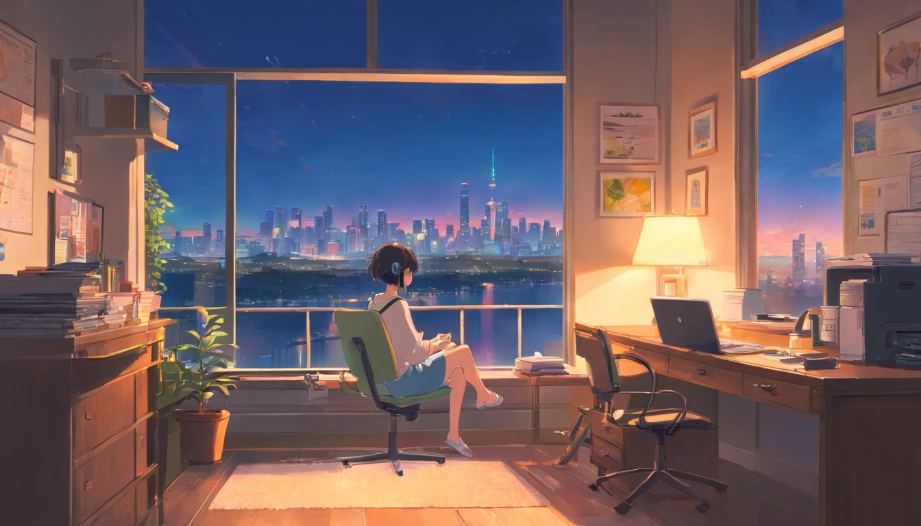 portlate、512、lo-fi、Girl in headphones sitting on a chair、Napping at your desk、Eyes closed、City view outside the window、early evening、PastelColors、Painting