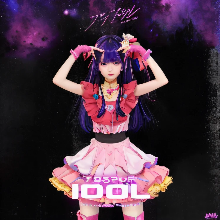 A young girl with a gentle face, accentuated by a delicate chin and high cheekbones, showcases purple hair and eyes of the same hue. She dons a vibrant pink idol costume with hints of yellow in the background. Her hair is adorned with a hairpin topped with a pink and white bow, upon which rests a delicate 2D depiction of a rabbit. Her hands are uniquely positioned: the index fingers pointing vertically towards each other, while the middle fingers angle towards her eyes, creating a pose that's both graceful and intriguing. Her other fingers gently fold into her palms, framing her expressive eyes.
Her outfit is enhanced by a bright pink heart with a white outline located near her throat. Unlike a traditional pleated skirt, hers is voluminously designed, resembling the gentle waves of a dance outfit, subtly reminiscent of French cancan skirts.
The background portrays the vastness of space, transitioning from the deep black of the cosmos at the base to a shimmer of star clusters tinged with purple at the top, reinforcing the dominant shades of pink and purple in the image. The typography, with the words "YOASOBI" and "IDOL", is displayed in a contemporary fashion, adding a modern touch to the whole.
Every detail of this image is rendered with striking clarity, offering viewers a glimpse into a world where pop culture meets the infinity of the universe, all while adhering to a harmonious color scheme of purples and pinks.