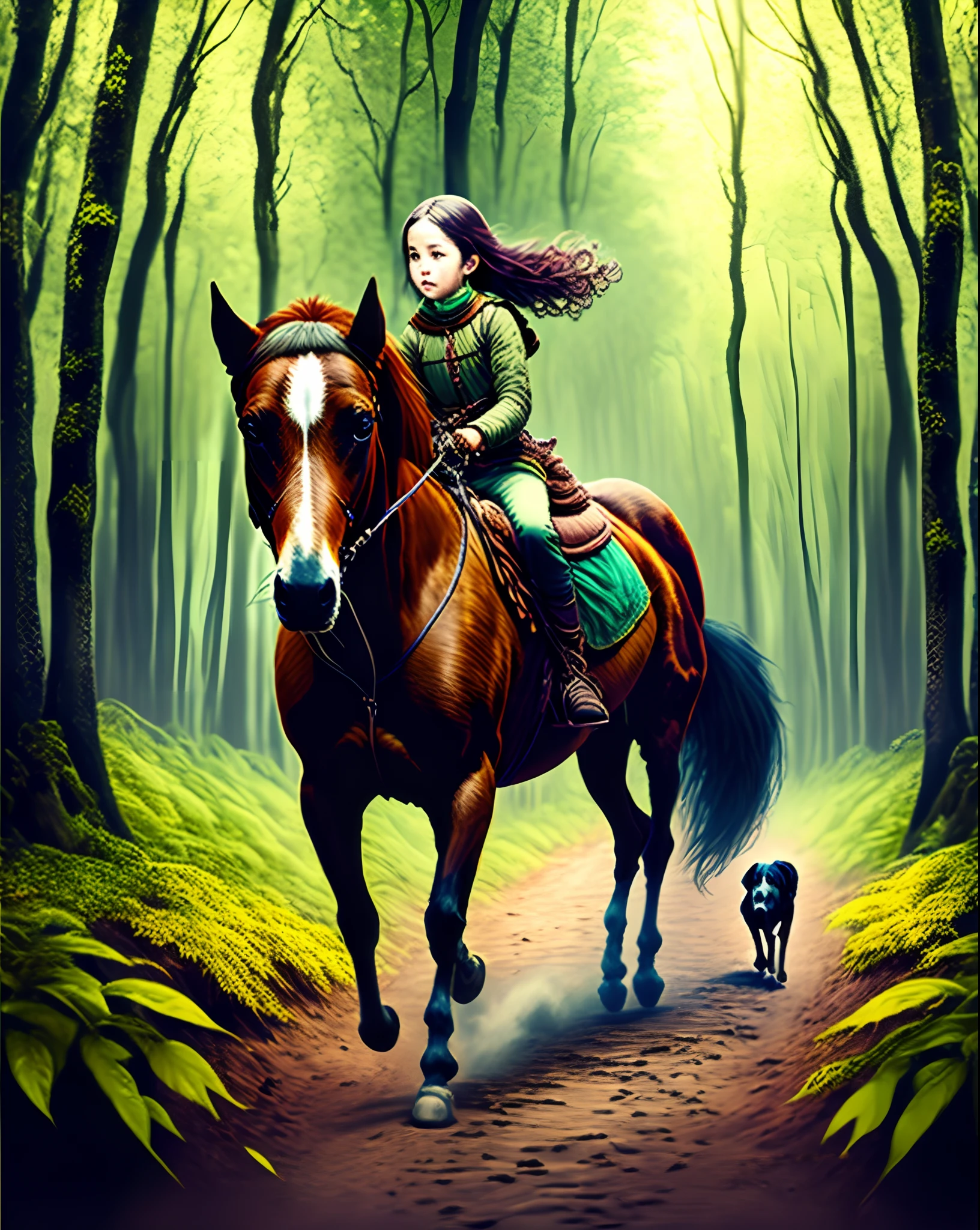 Walking in the forest girl riding a horse, Dog Nearby