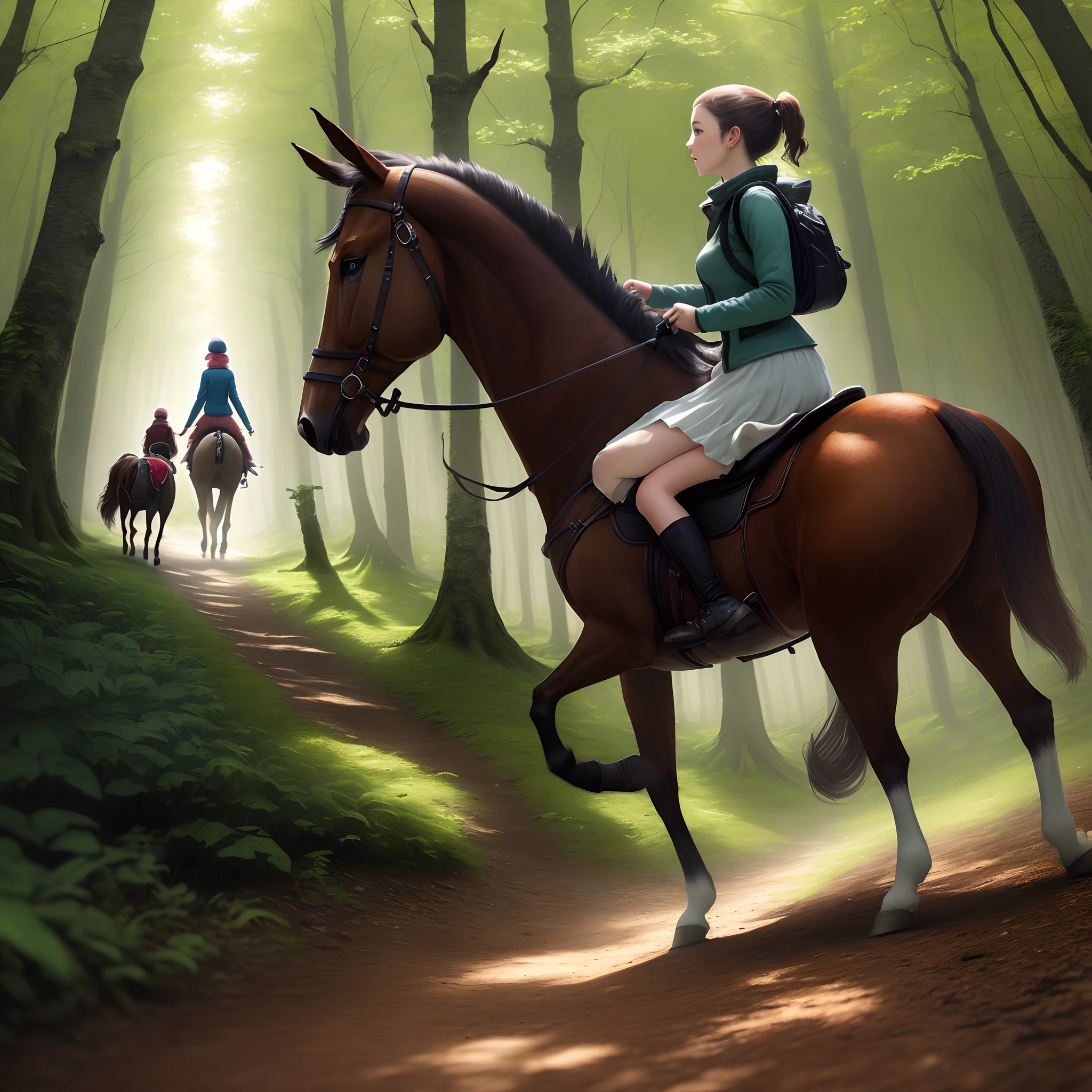 Picture of a walk in the forest, Girl riding a horse next to a running dog