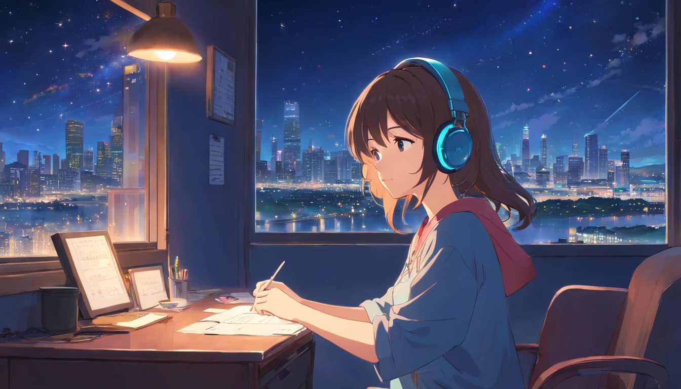 portrait、512、lofi、Girl with headphones sitting in a chair studying、Sleeping at the desk、Close eyes、City view outside the window、night、Pastel colors、Painting, lots of stars and moon