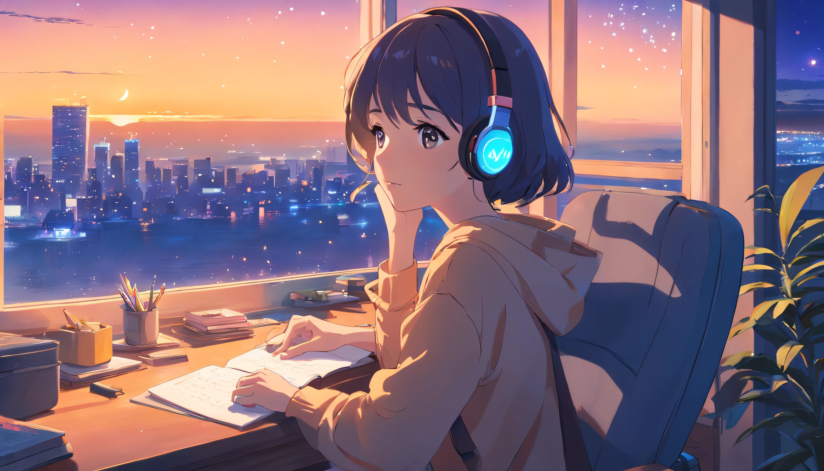 portrait、512、lofi、Girl with headphones sitting in a chair studying、Sleeping at the desk、Close eyes、City view outside the window、night、Pastel colors、Painting, lots of stars and moon