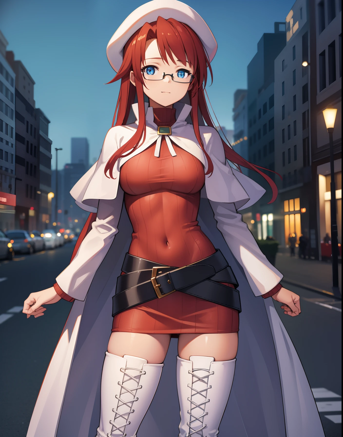 summonnightaty, aty, long hair, blue eyes, red hair, beret, hat, glasses,
BREAK long hair, thighhighs, hat, dress, boots, glasses, belt, cape, sweater, zettai ryouiki, beret, thigh boots, white footwear, ribbed sweater, loose belt,,
BREAK looking at viewer,
BREAK outdoors, city,
BREAK (masterpiece:1.2), best quality, high resolution, unity 8k wallpaper, (illustration:0.8), (beautiful detailed eyes:1.6), extremely detailed face, perfect lighting, extremely detailed CG, (perfect hands, perfect anatomy),covered_nipples,covered_navel,light_smile,dynamic_posing,half_eyes,