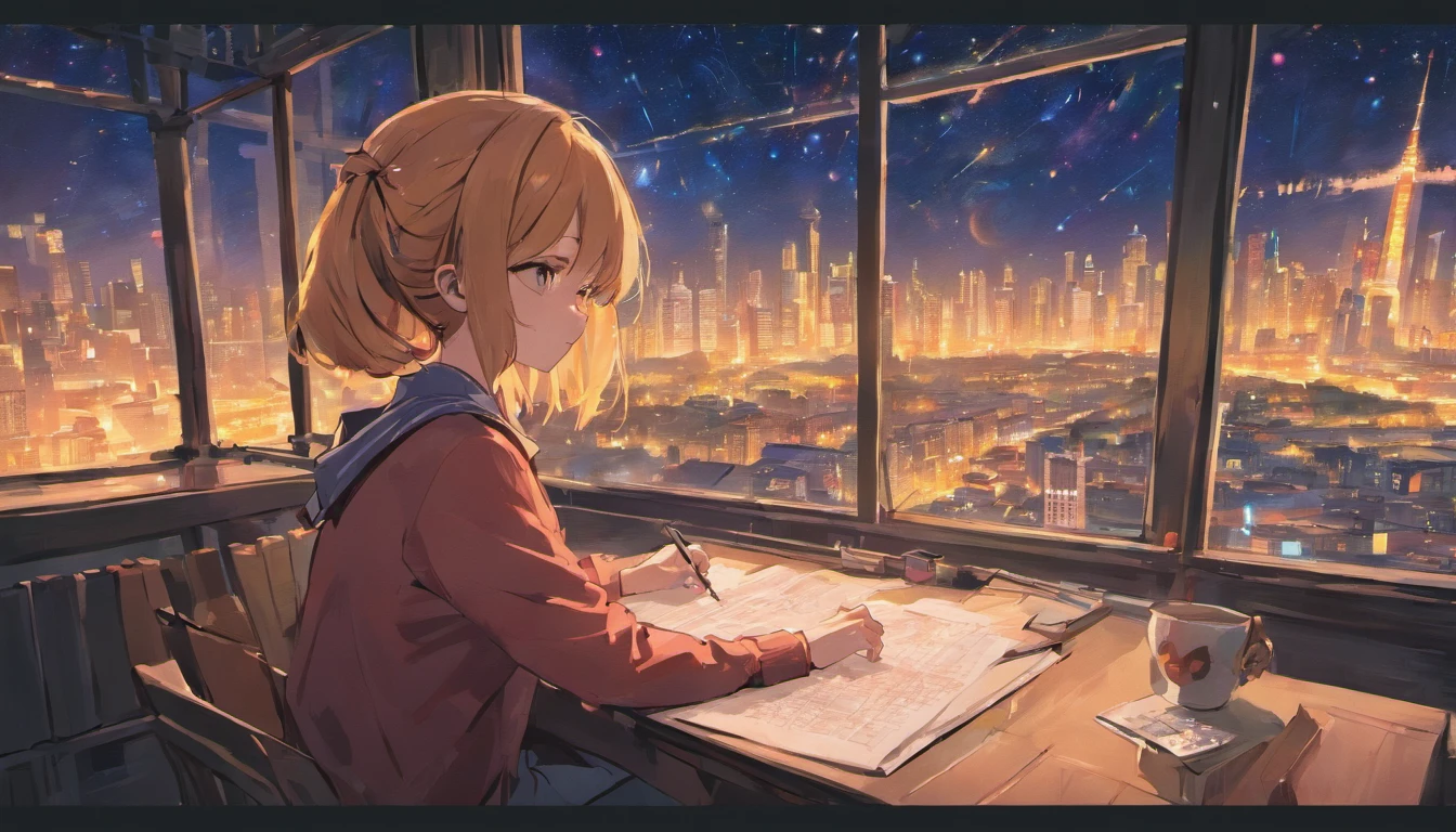 portrait、512、lofi、Girl with headphones sitting in a chair studying、Sleeping at the desk、Close eyes、City view outside the window、night、Pastel colors、Painting, lots of stars and moon