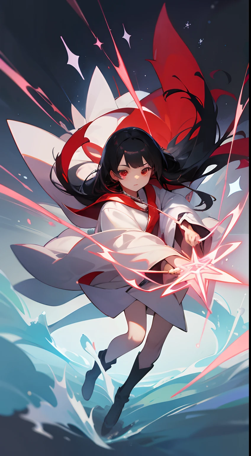 Top image quality、ultra-definition、Detail Facial、A detailed eye、A dark-haired、The long-haired、s girl、CharacterDesignSheet、full body Esbian、red eyes、Ruby-like eyes、beautidful eyes、white robes、Big magic wand、Red snowflake、holding a magic wand、The red magic square behind、Snowflakes are dancing、1 girl、wearing black boots、Ocean wind、Sorcerer