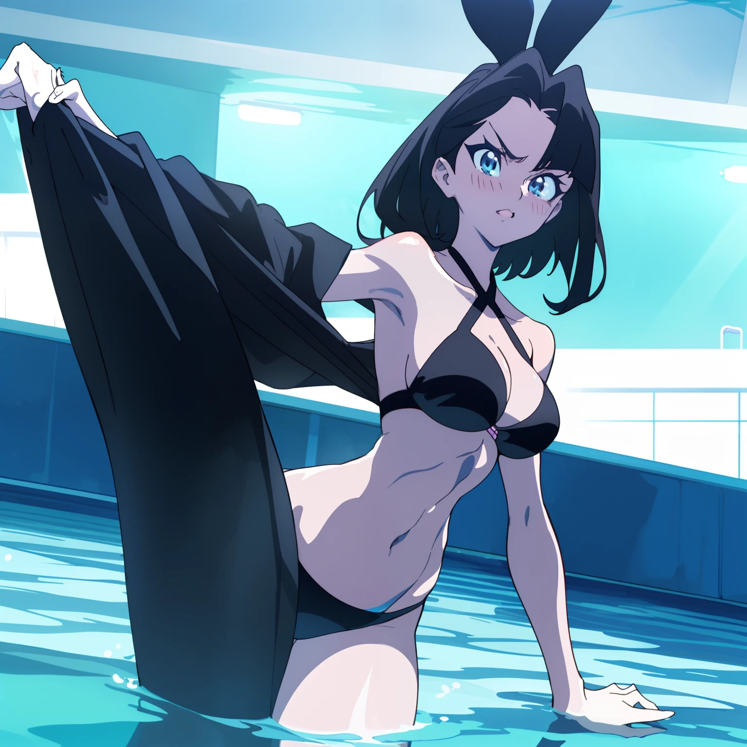 dutch angle, torso shot, cowboy shot, (view from the front), LWA 1girl solo seductive black haired woman in a black bikini posing in a pool, sfw perfect body, pale skin, large breasts,  toned, gorgeous bikini model, playboy centerfold, blushing, HNKstyle, 80's anime,