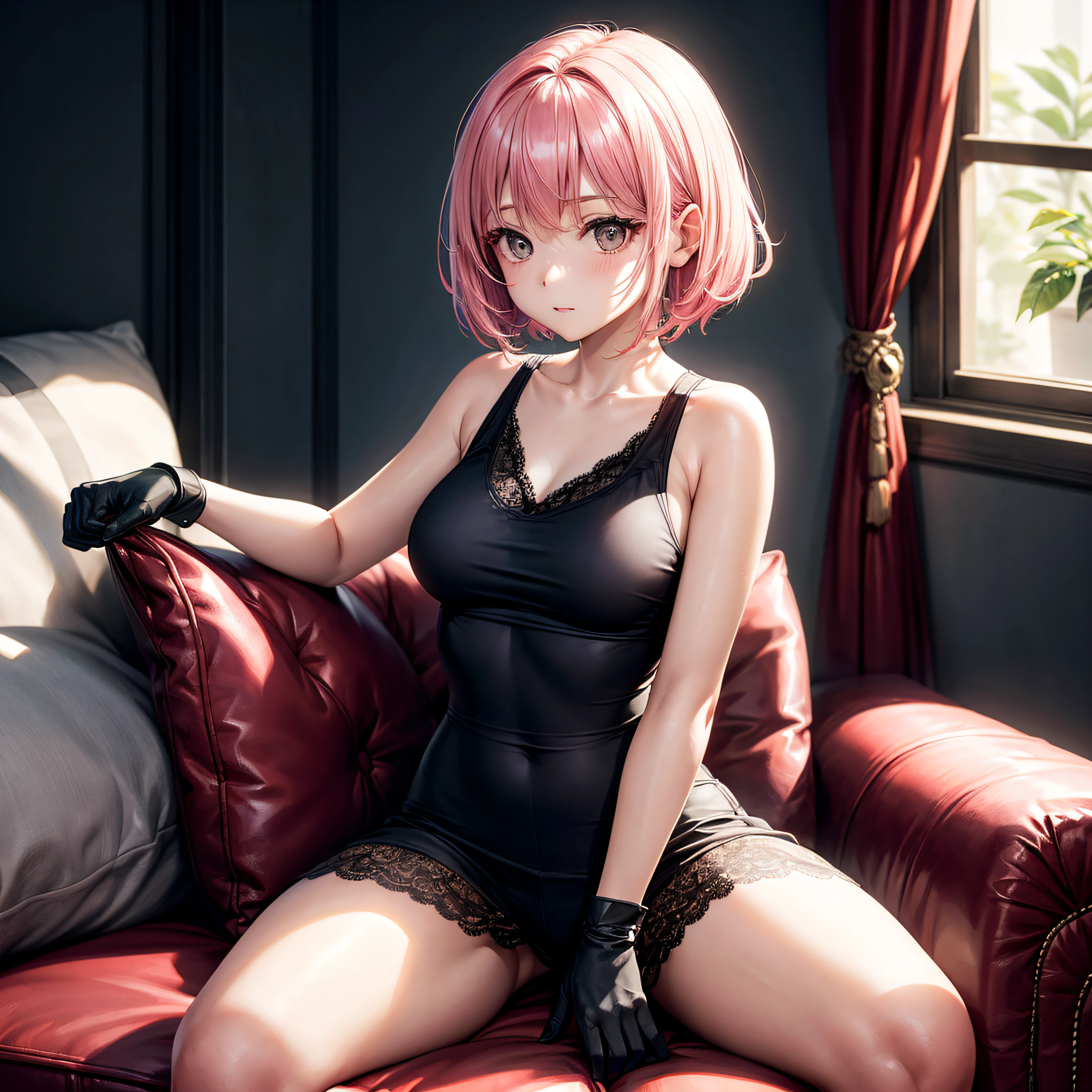 realisitic、top-quality、sit on sofa、((One Woman:1.5))、Pink hair、Short hair、inside in room、Gray eyes、Black tank top、Open your clothes , Lace gloves,Medium chest