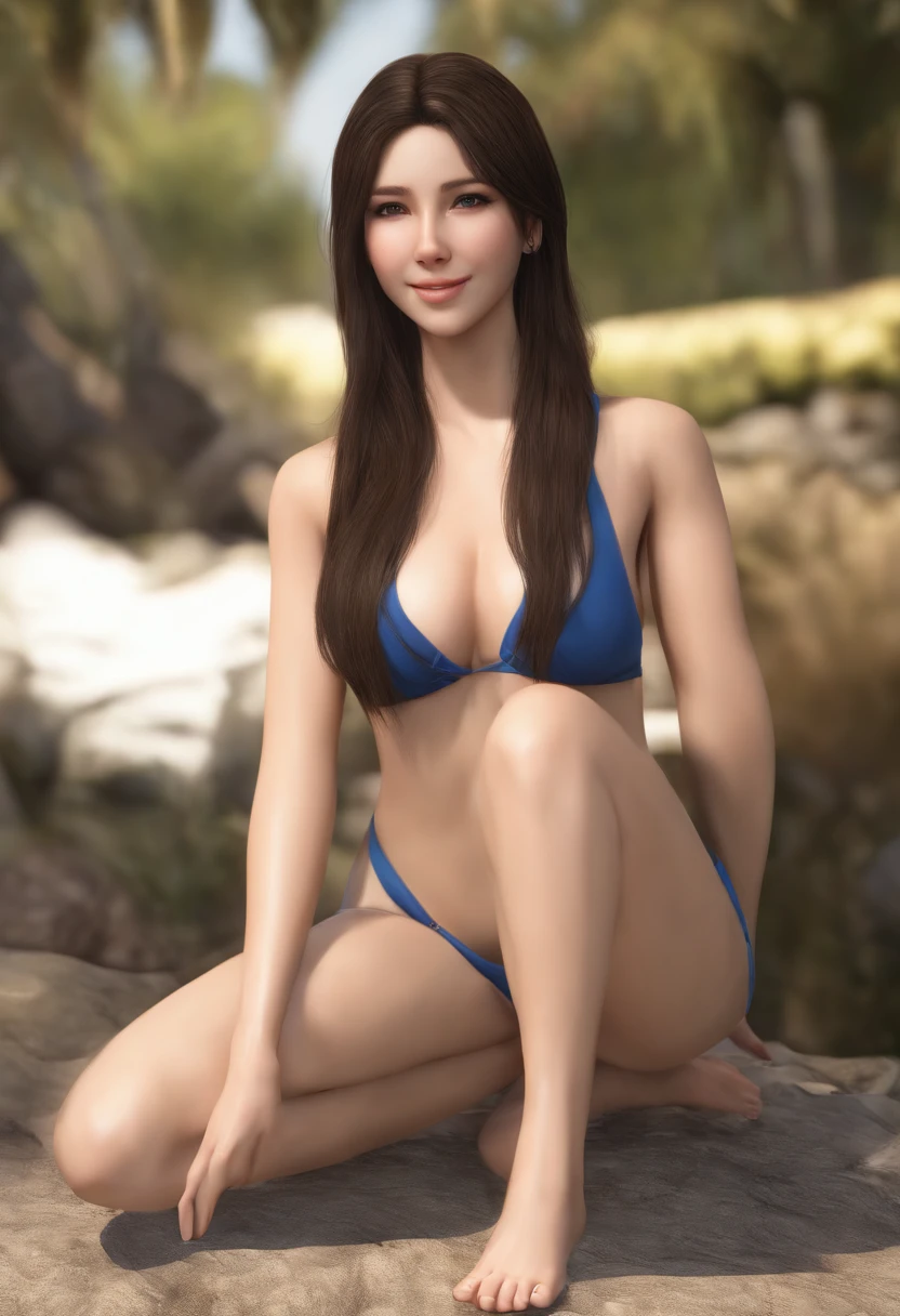 （Tifa:1.5), highest qualityr、超A high resolution、(Fotorrealista:1.4)、8 k resolution、girl with、una sonrisa、De la cabeza a los pies、 white and blue swimsuit, (random brown hair:1.3)、(cabello realista:1.2)、(Chica japonesa:1.2)、(ojos realistas:1.2)、(hermoso semblante :1.3)、El cuerpo perfecto、piel blanca、pechos grandes y llenos、(top angle:1.3), (imagen obsena)