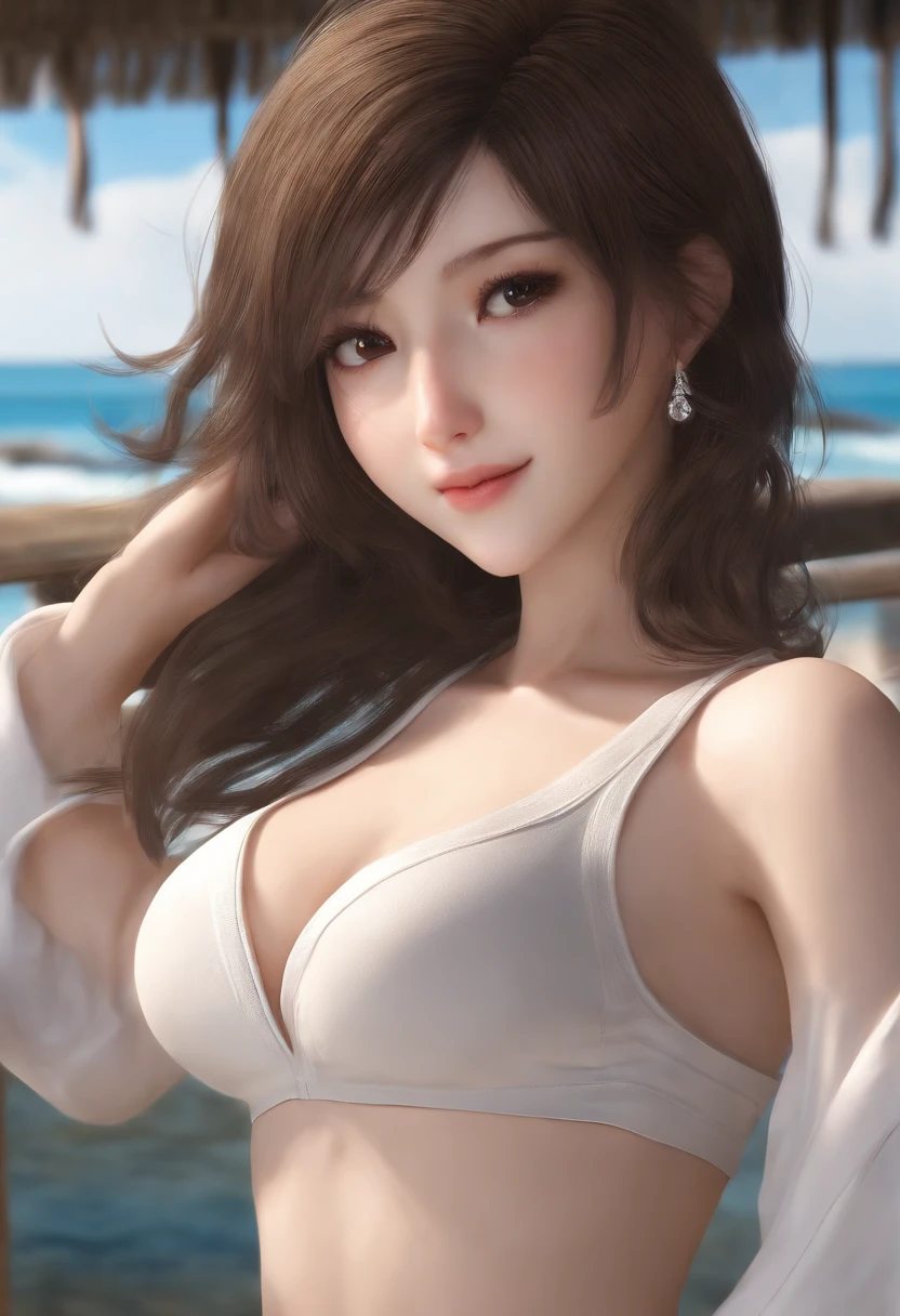 （Tifa:1.5), highest qualityr、超A high resolution、(Fotorrealista:1.4)、8 k resolution、girl with、una sonrisa、De la cabeza a los pies、 white and blue swimsuit, (random brown hair:1.3)、(cabello realista:1.2)、(Chica japonesa:1.2)、(ojos realistas:1.2)、(hermoso semblante :1.3)、El cuerpo perfecto、piel blanca、pechos grandes y llenos、(top angle:1.3), (imagen obsena)
