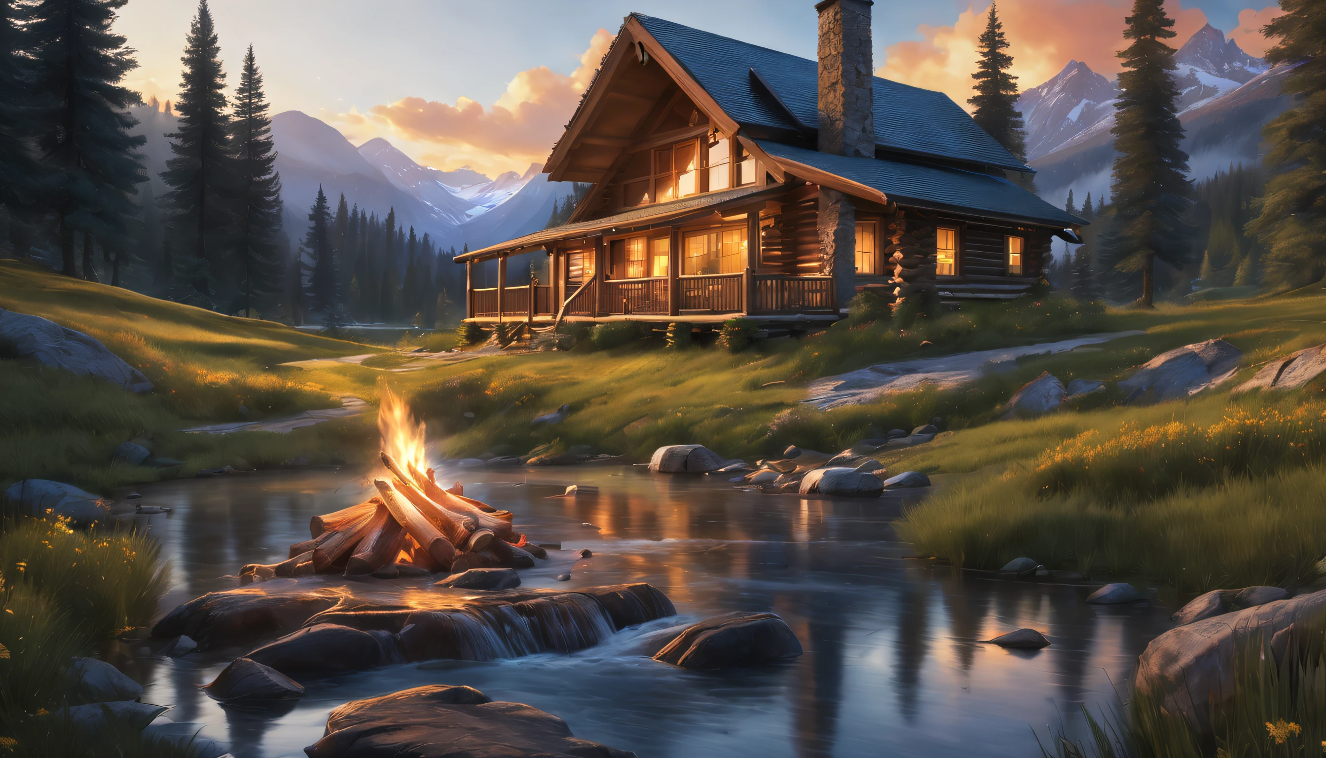 Cozy mountain cabin, picturesque landscape, towering snow-capped peaks, serene river, sturdy logs, charming front porch, rocking chairs, warm fire, chimney smoke, golden hues, setting sun, inviting glow, tall pine trees, wildflowers, lush green grass, soft light, clear sky, stars emerge, tranquility, serenity, escape, solace, nature., Realism, god rays, ray tracing, highres, best quality, high details, 16k