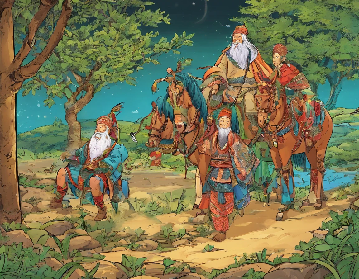 Scenes：Zhuang gathering scene，Wise men discuss countermeasures
aside：The wise men of the Zhuang people began to look for a solution to the problem of pests。
Wise Men 1：We have to find a way to get rid of the pests！
Wise Woman 1：against！We want to protect our crops。