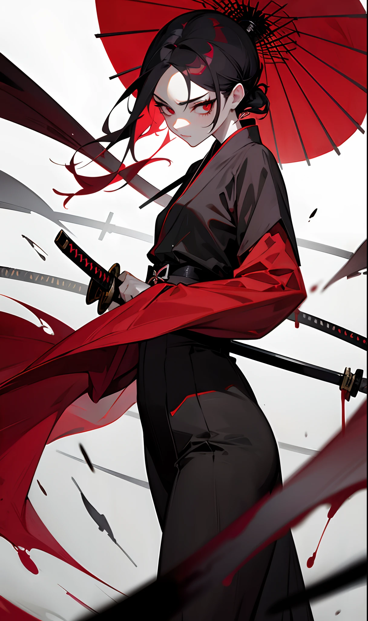 rainy evening，red pupils，swordsman，Chic and sprinkled，Free-spirited，Strong contrast，The viewing angle is huge，The composition is clever，katana swords，swordsman，Blood is unbridled